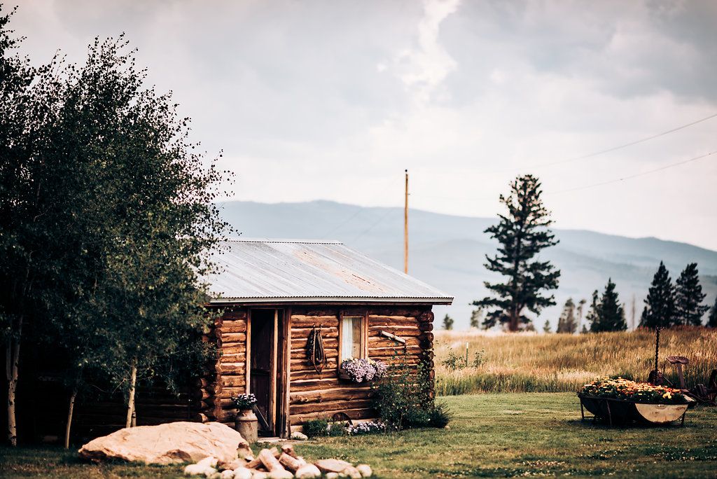 Log cabin nestled in mountain landscape with pine trees and cloudy sky.
