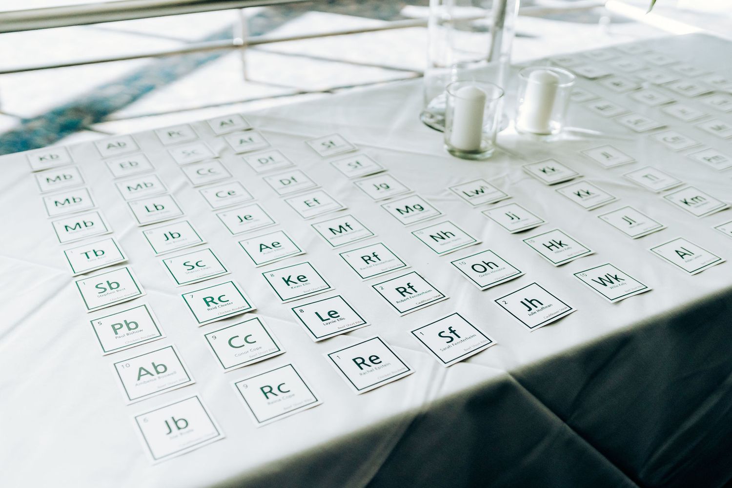 A white seating chart with numbered table assignments laid out in a grid pattern.