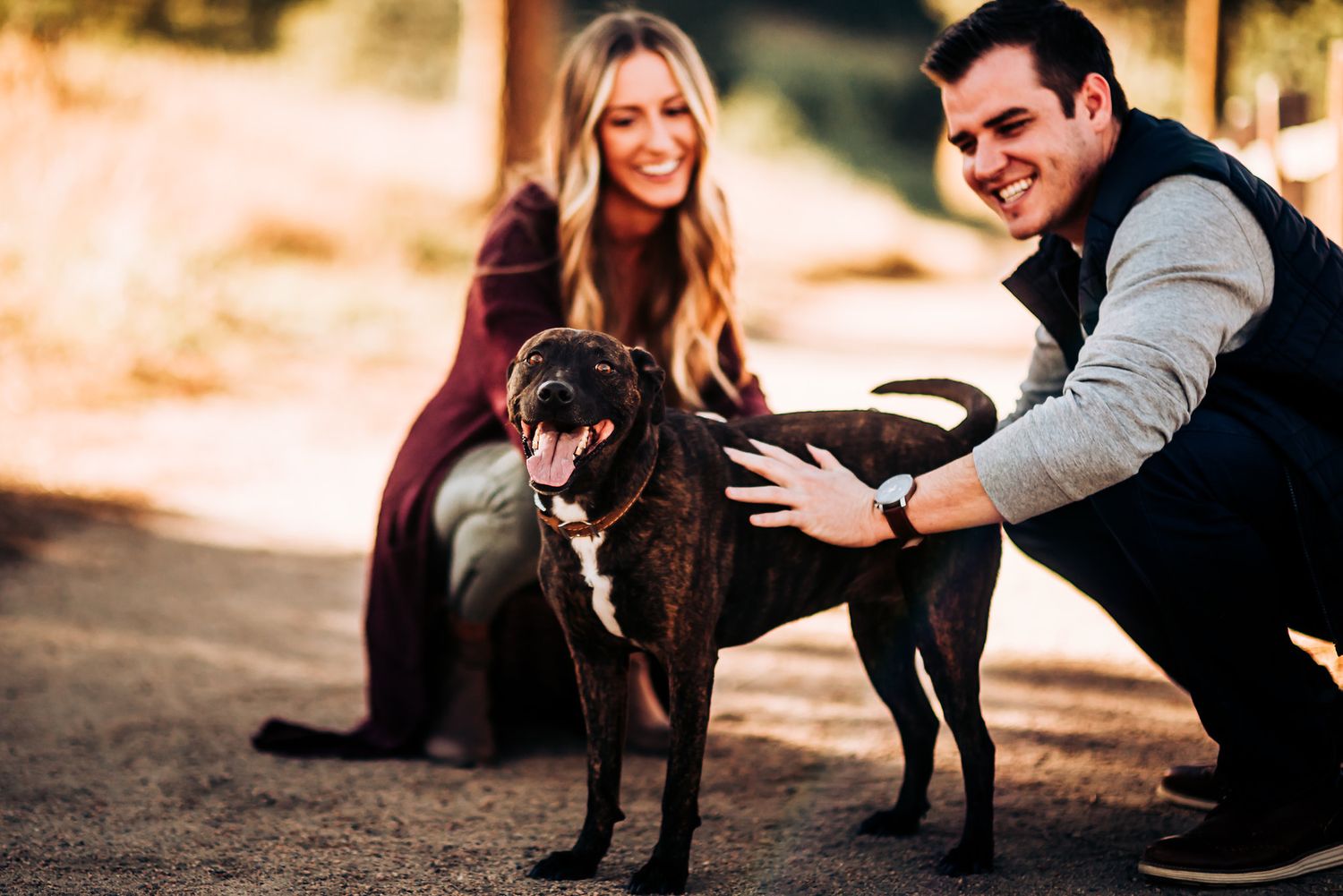 A couple pets their black dog during an outdoor photoshoot on a sunny afternoon.