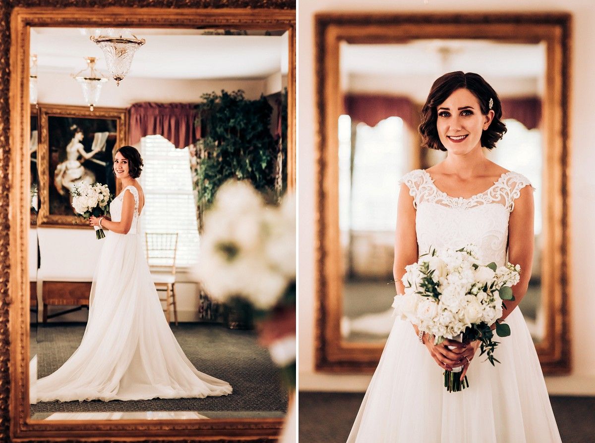 An elegant lace wedding dress shown in two styles with a white floral bouquet in ornate gold frames.