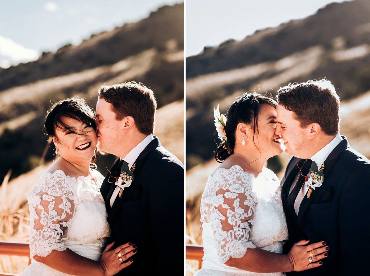 Intimate wedding couple portraits showing tender moments against mountain backdrop.