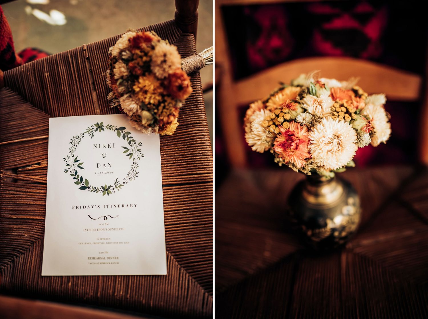 Wedding invitation with floral design next to matching autumn bouquet on wooden surface.