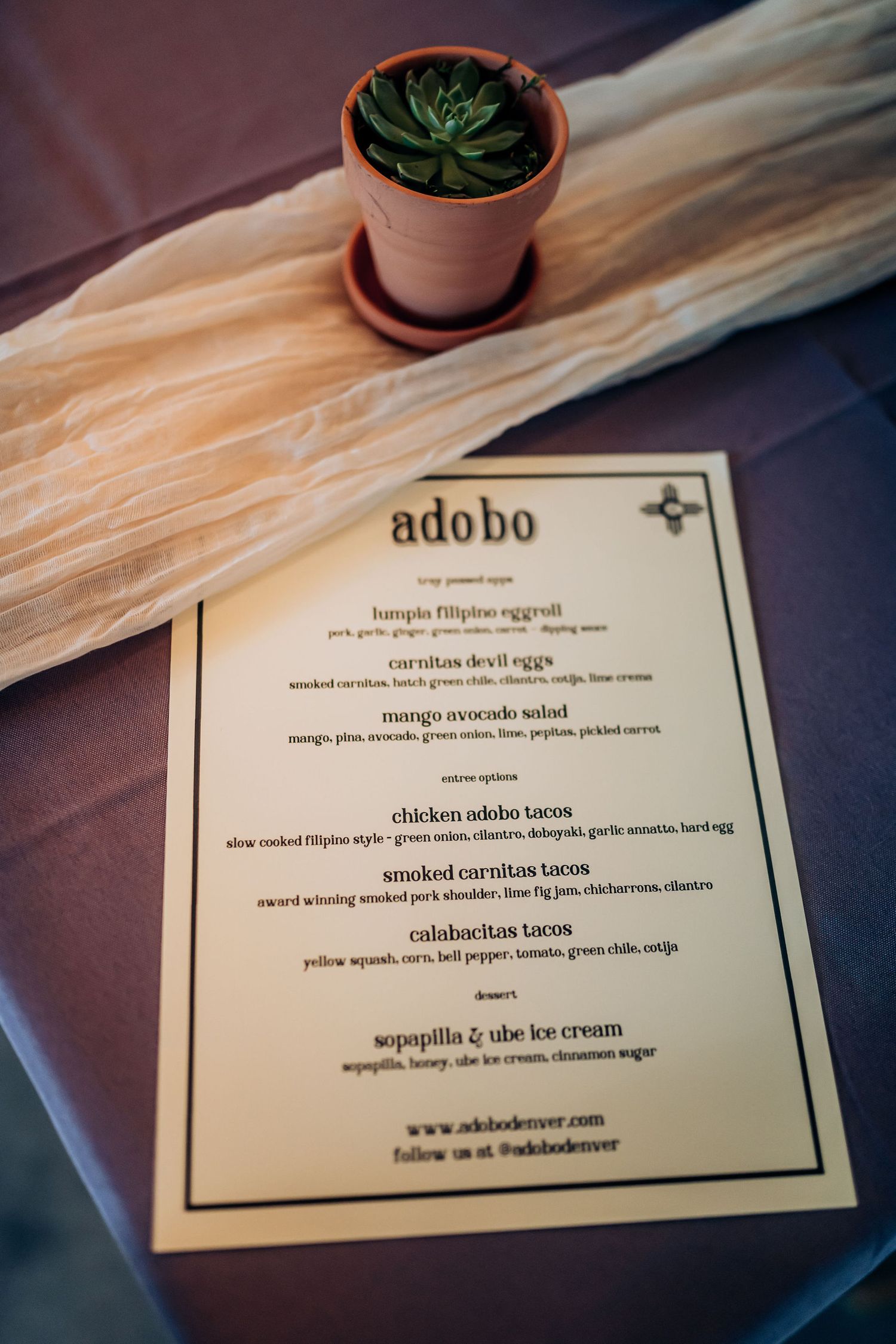Filipino restaurant menu for adobo dishes displayed with small potted succulent.