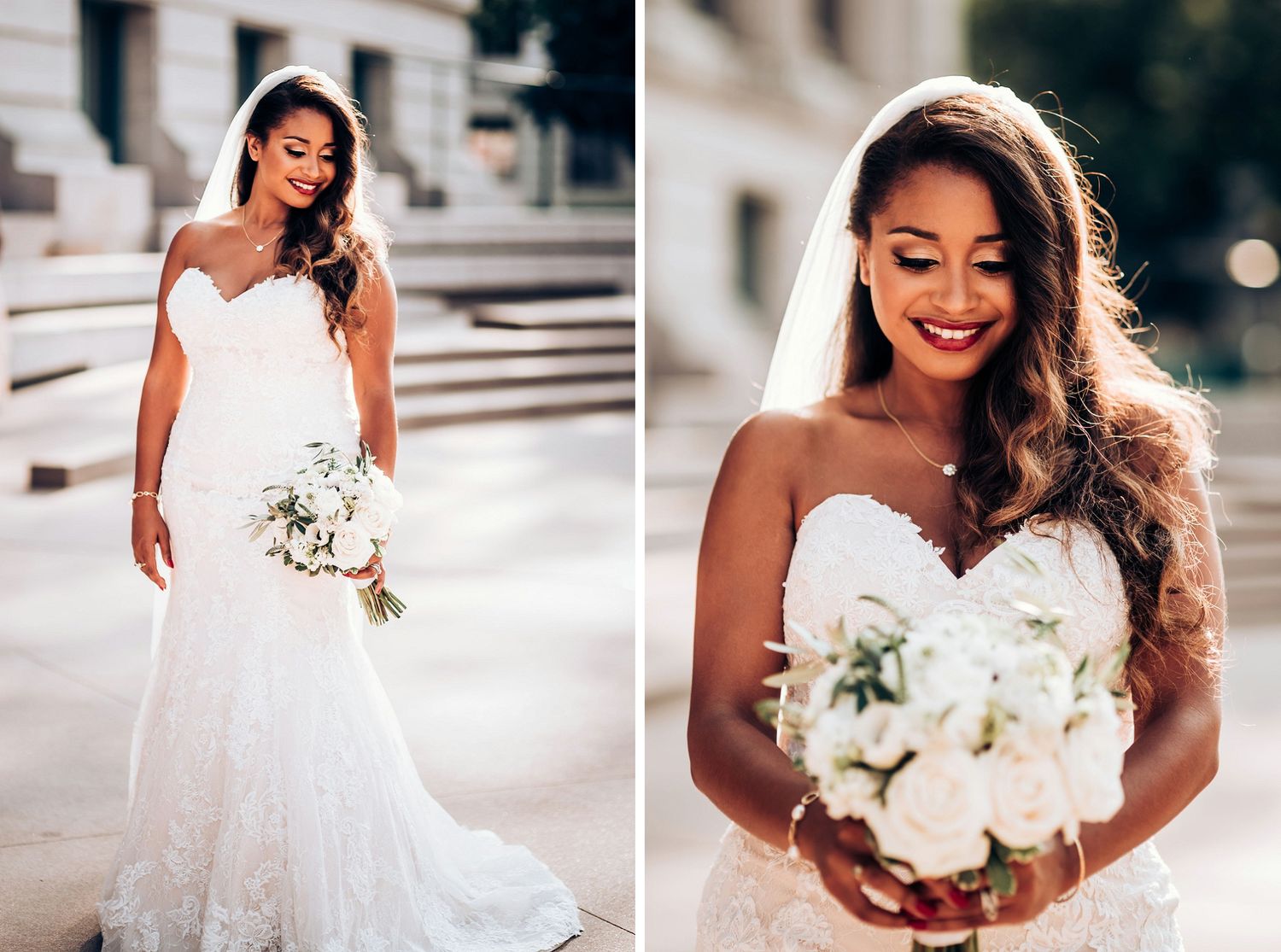 Side-by-side bridal portraits showcasing lace wedding gown and white bouquet.