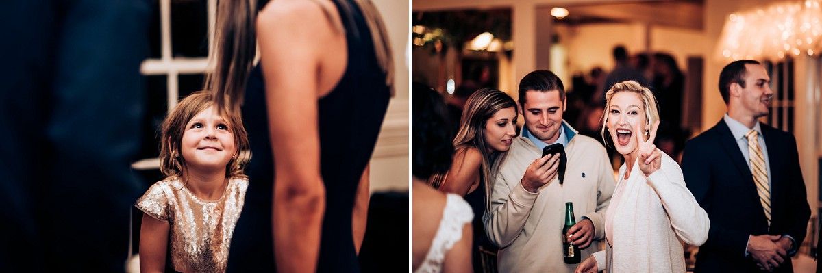 Split image showing candid moments of guests enjoying a wedding reception.