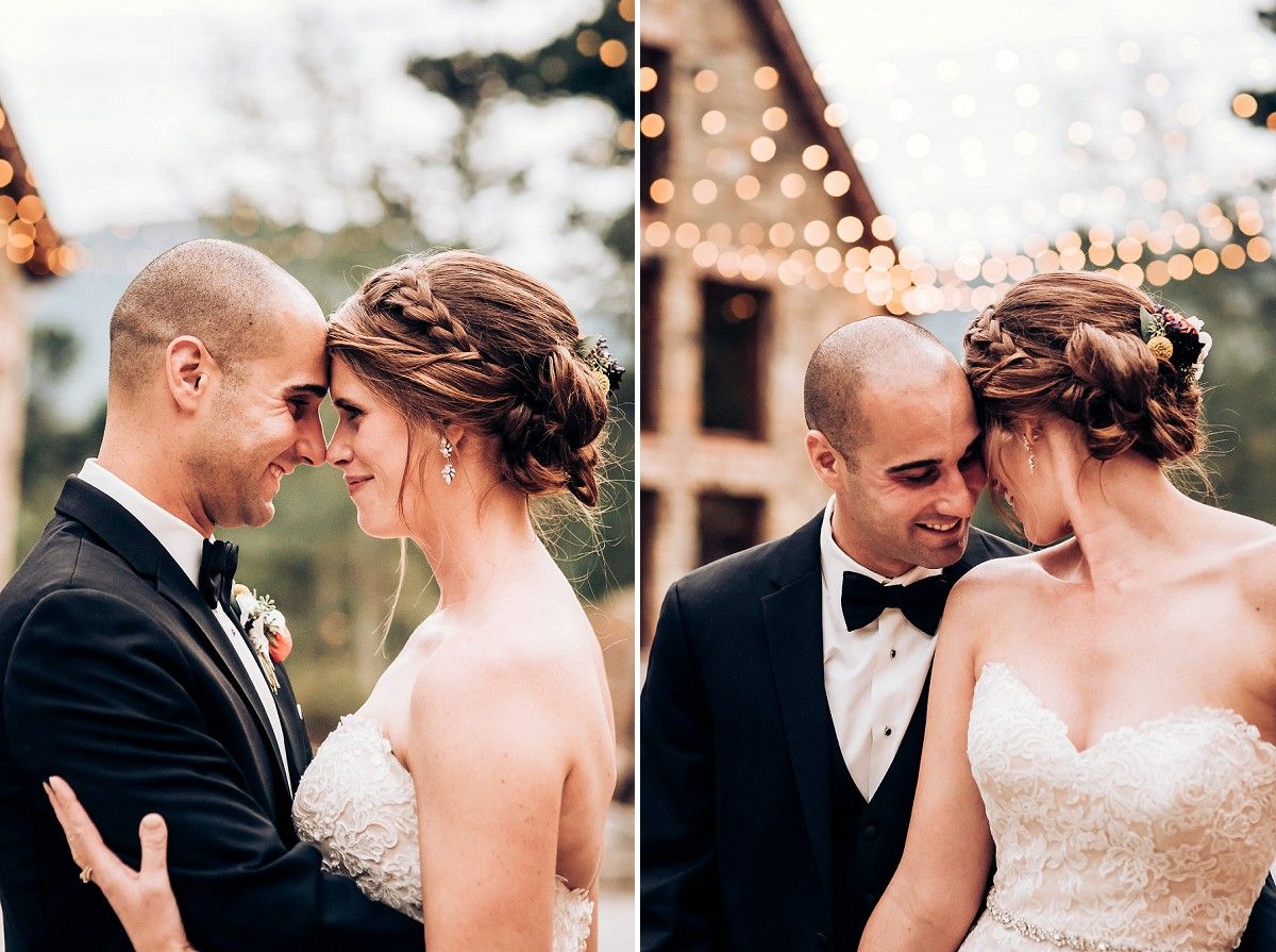 Intimate wedding portraits captured during golden hour with string lights in background.
