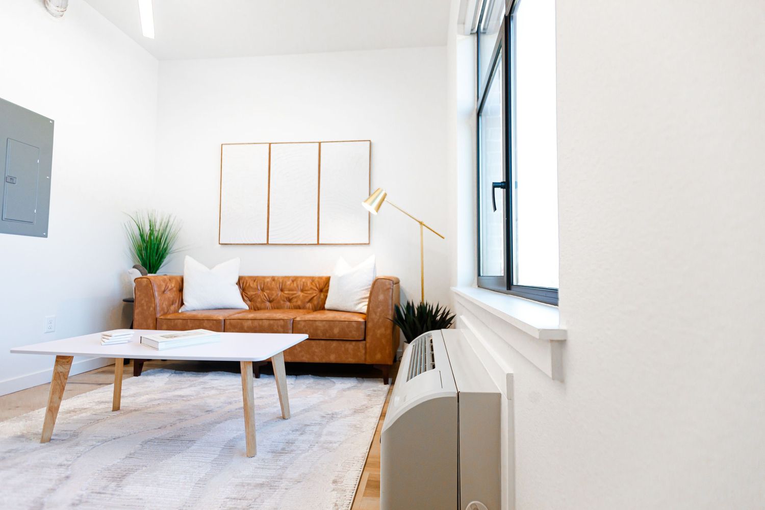 Modern living room with tan sofa, wooden coffee table, and wall-mounted art frames.