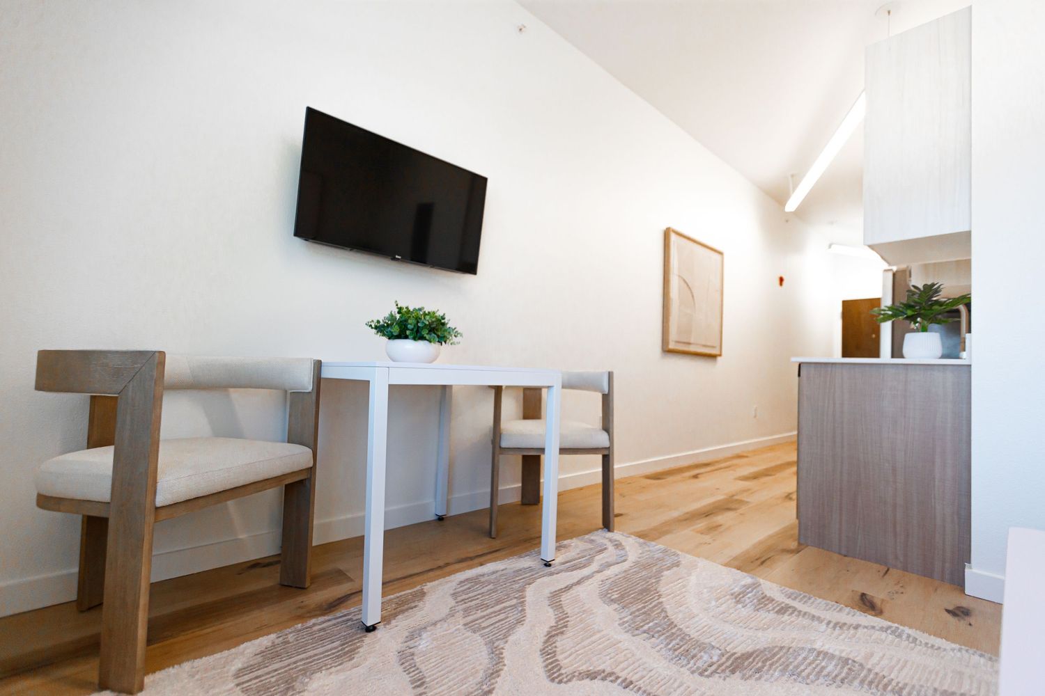 Modern studio space with wall-mounted TV and minimalist furniture design.