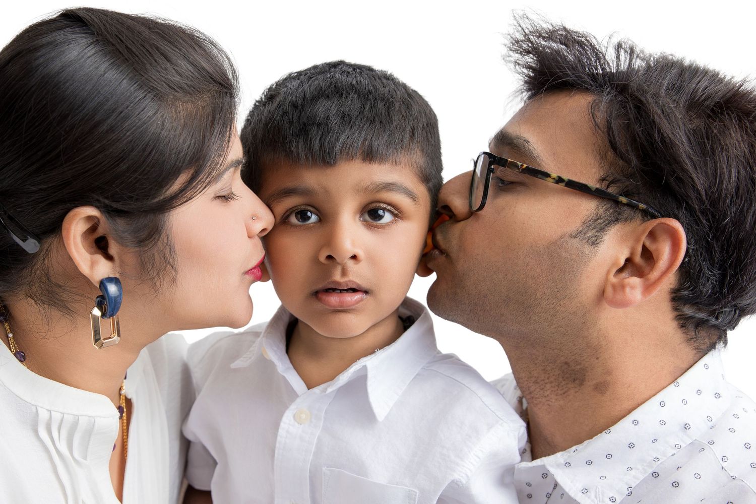 Close-up portrait series showing intimate family moments against white background.