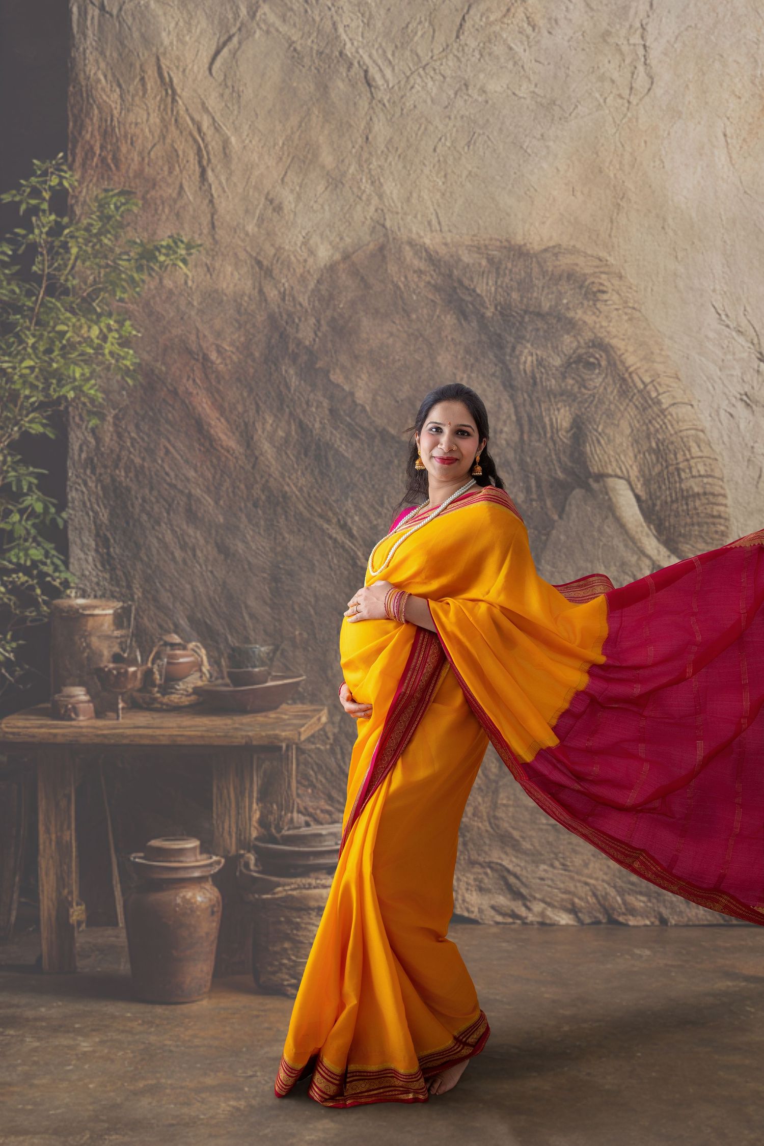 Woman in vibrant yellow and red saree posing gracefully against decorative elephant mural backdrop.