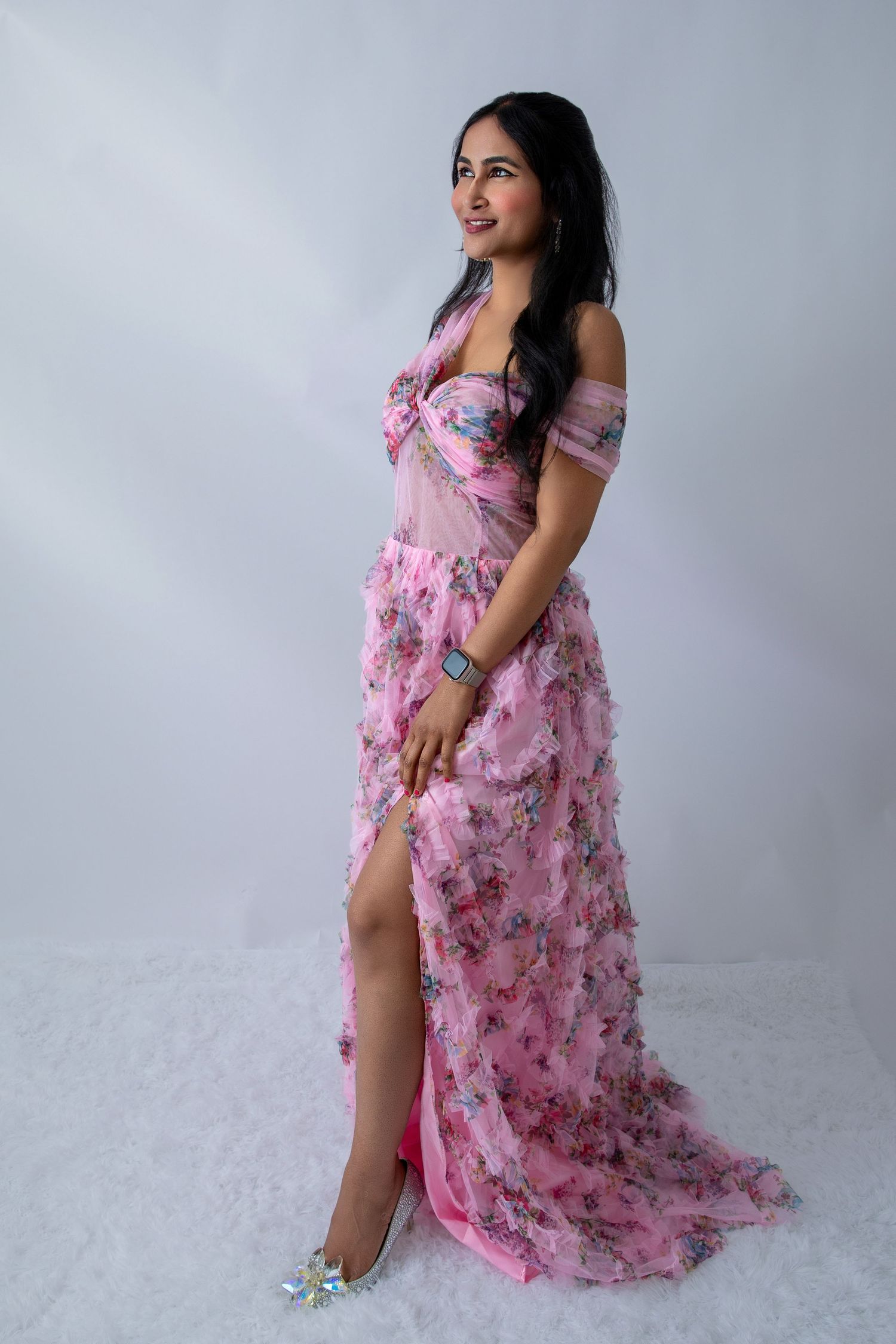 Feminine pink floral dress with delicate details captured in multiple artistic angles.