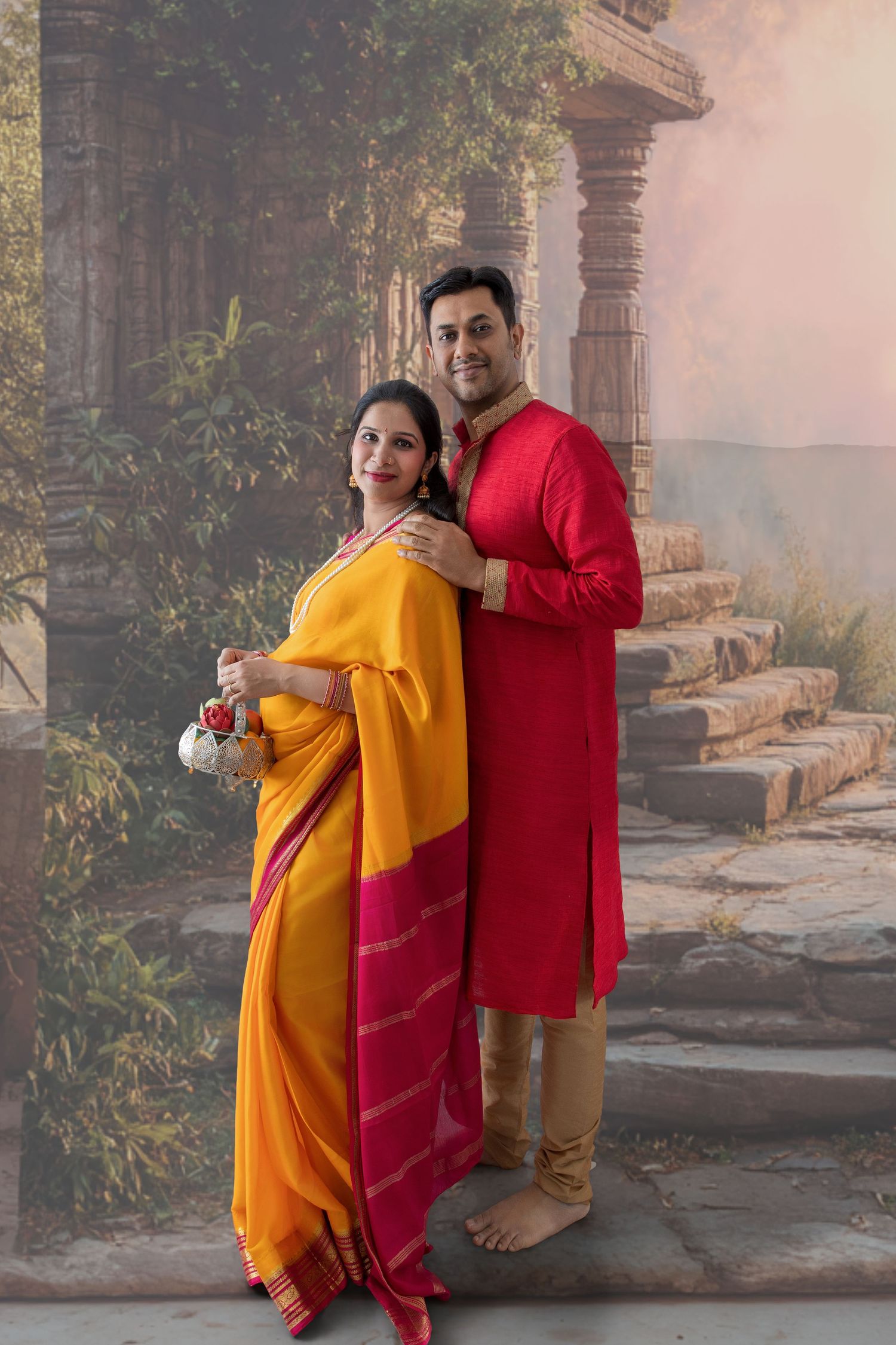 Indian couple in traditional attire, woman in yellow saree, man in red kurta, posing before ancient temple backdrop.