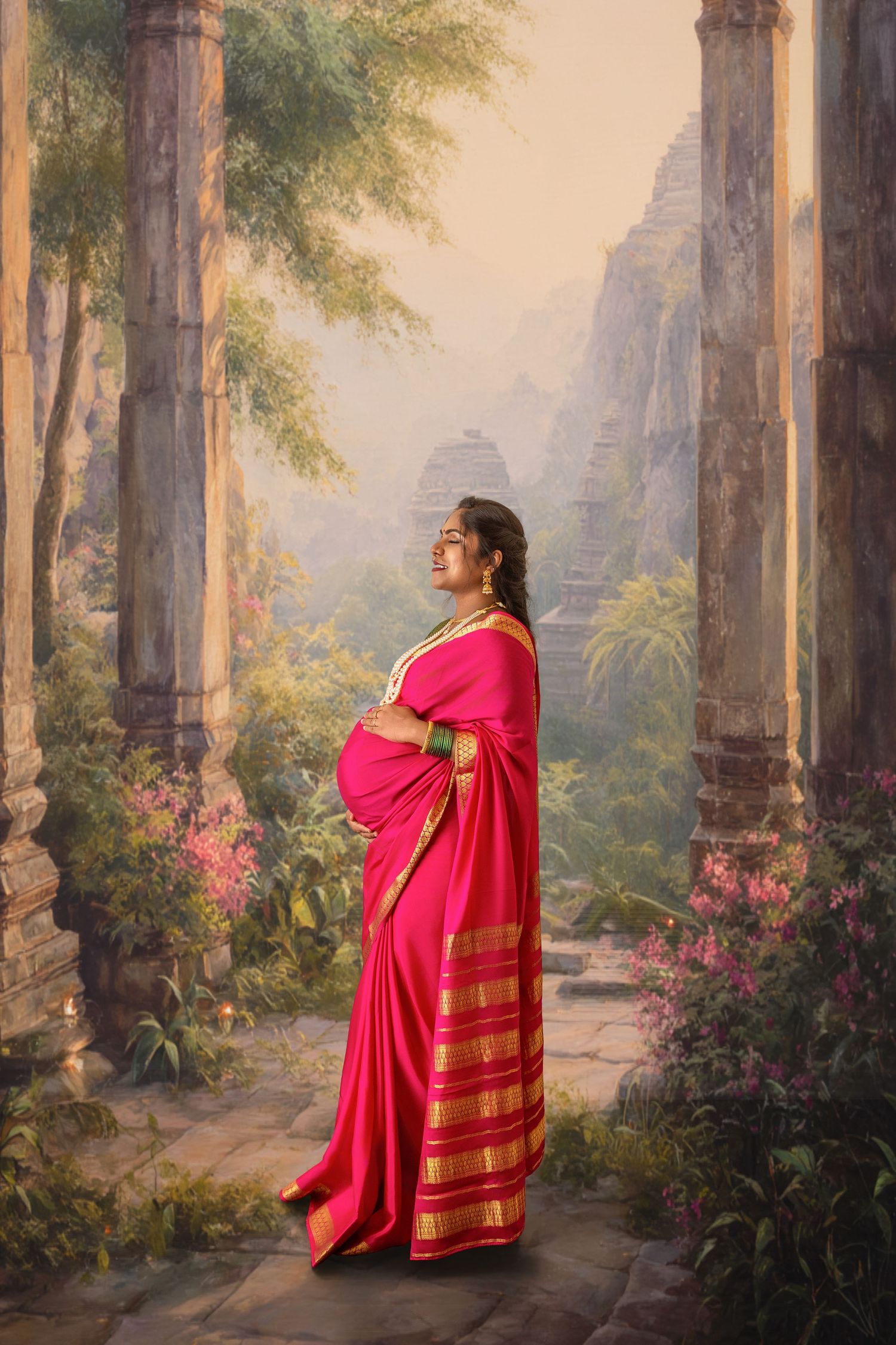 Pregnant Indian woman in pink saree standing gracefully among ancient temple columns surrounded by lush tropical garden.