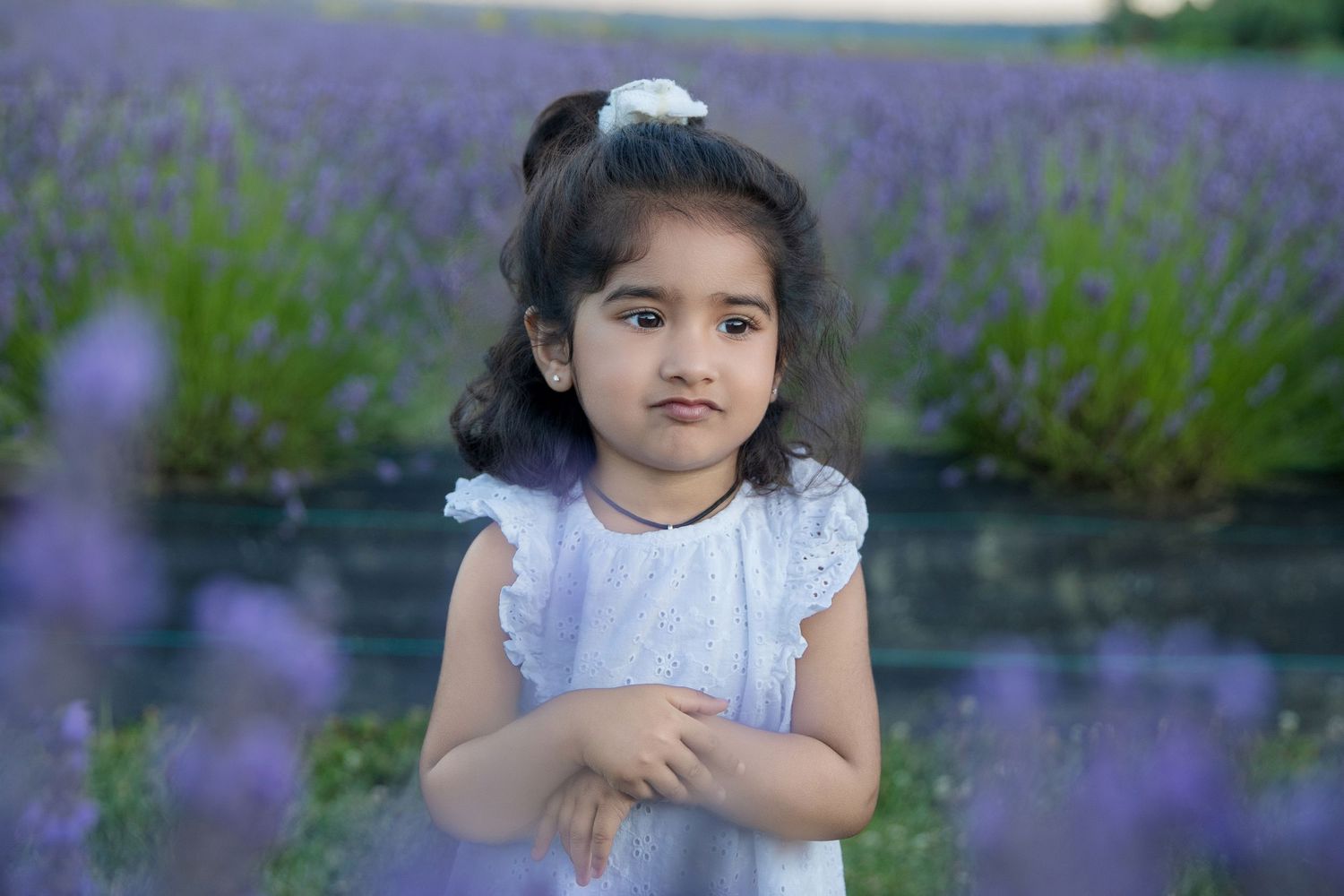 Child wearing white dress amid blooming purple lavender fields.