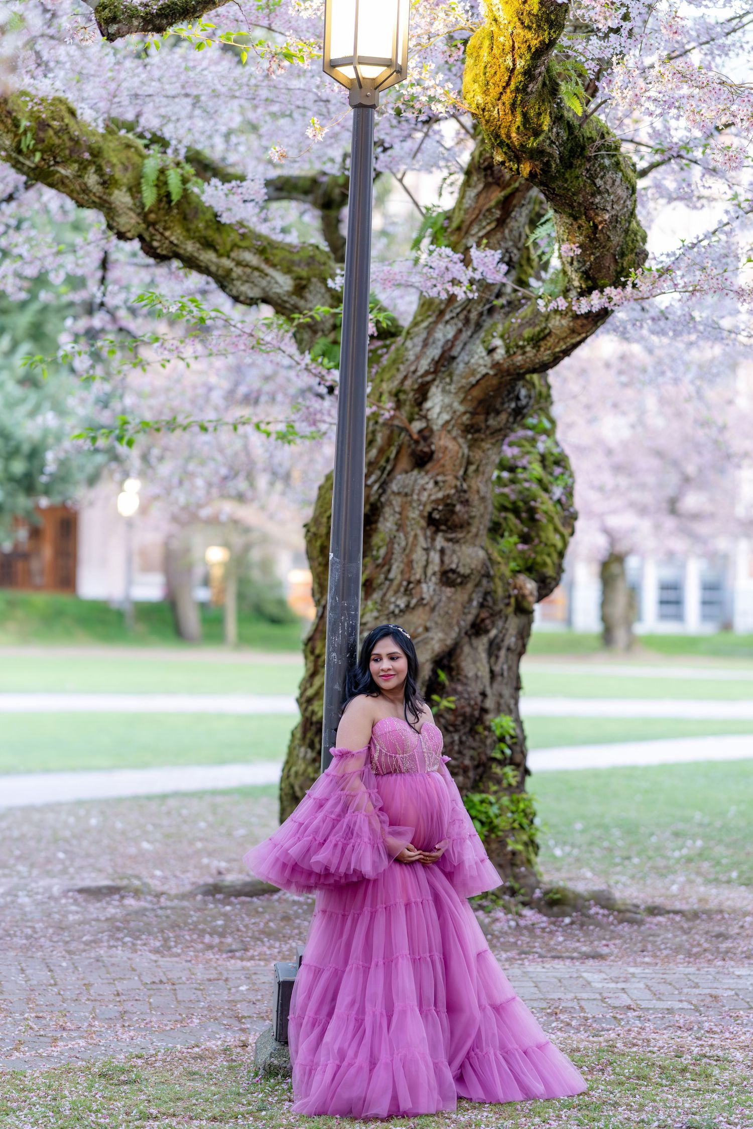 Pregnant woman in a flowing pink tulle maternity gown posing under blooming cherry blossom trees near a lamppost.