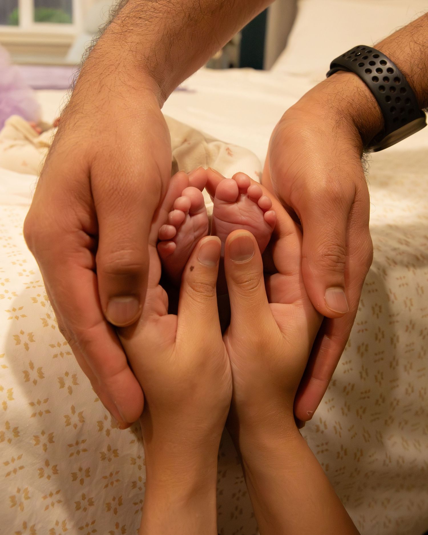 Five sequential photos showing hands holding and interlocking fingers in different intimate poses against a light background.