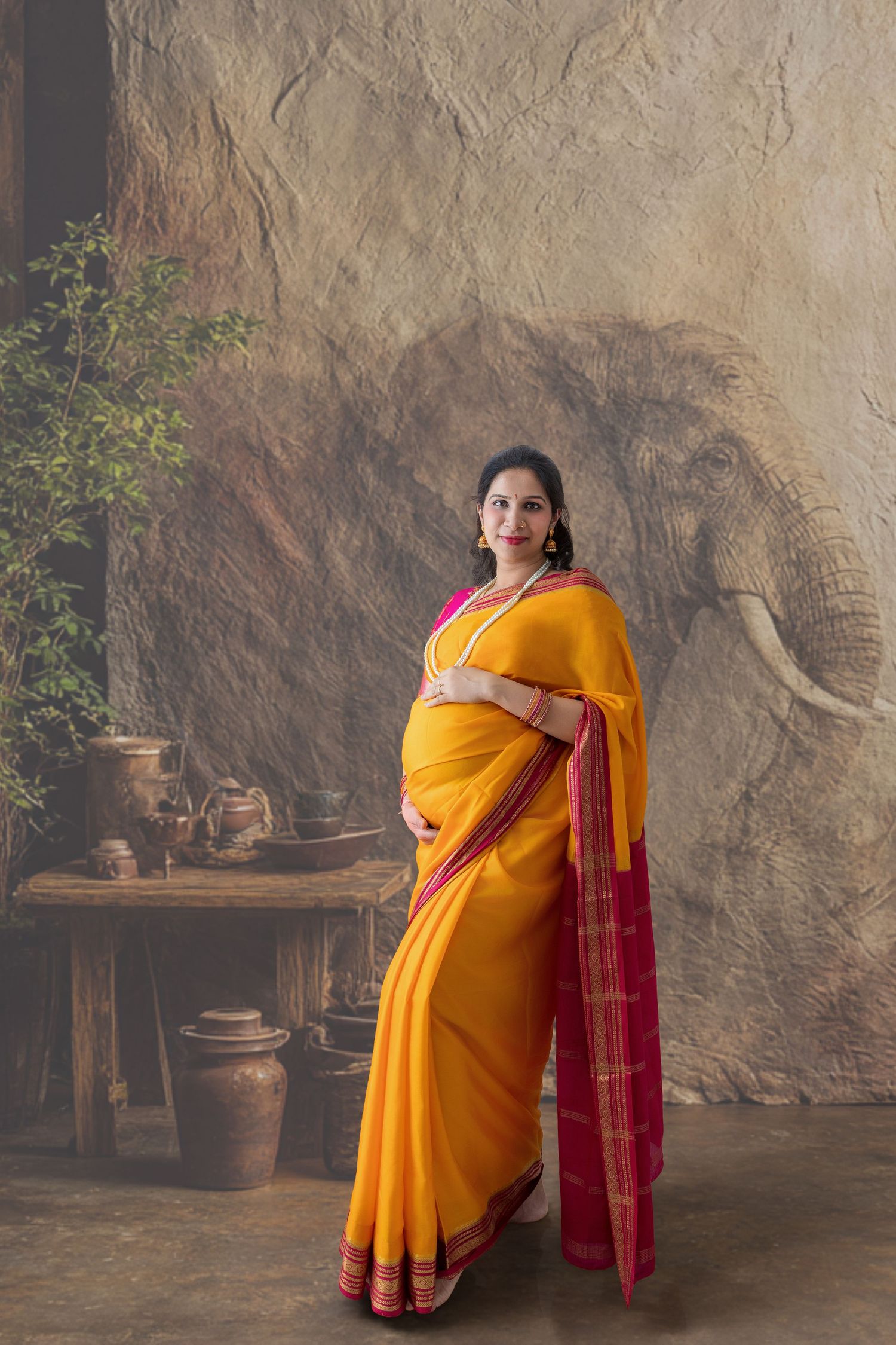 Pregnant Indian woman in yellow and red saree posing gracefully before an elephant mural backdrop.