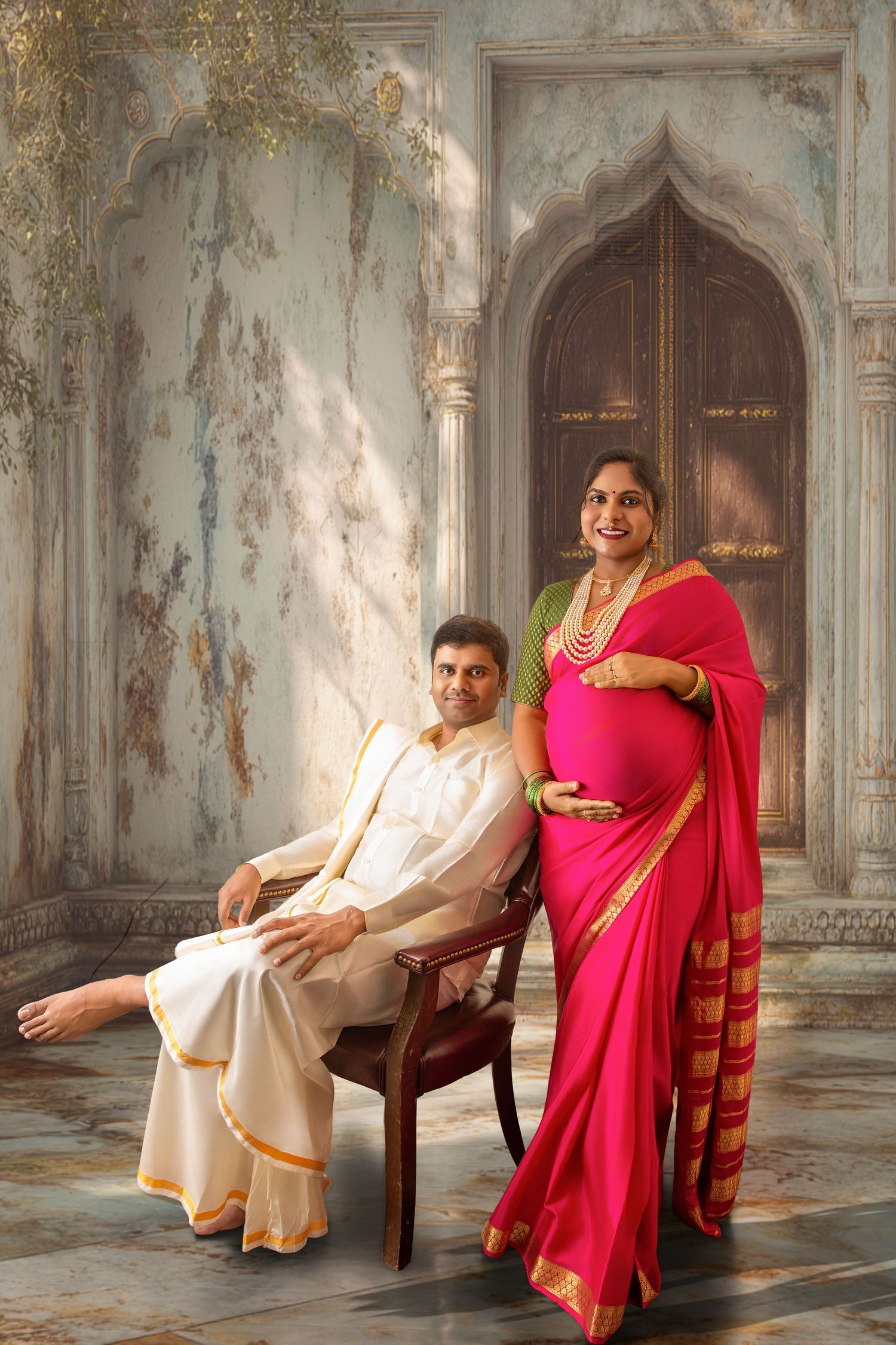 Pregnant Indian woman in pink saree stands beside seated man in white traditional attire in ornate setting.