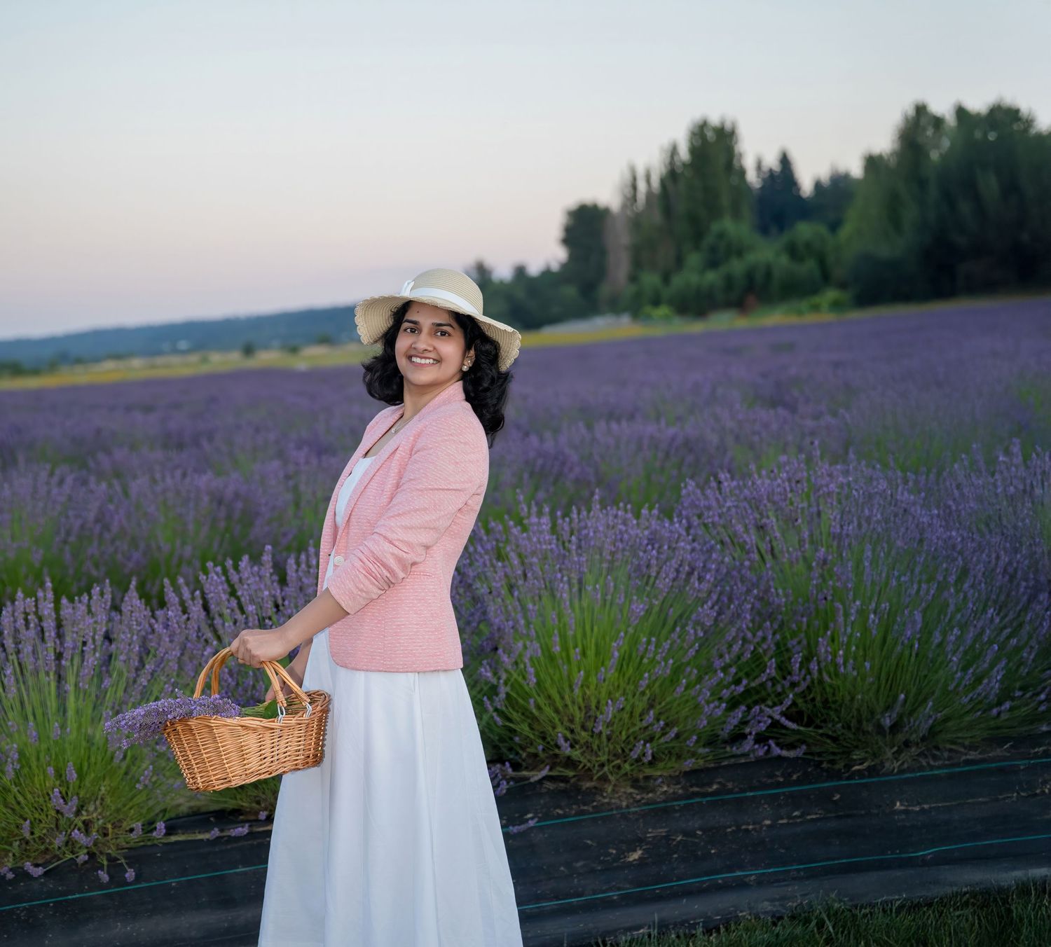Person in pink blazer and white dress holding basket in blooming lavender field at sunset.