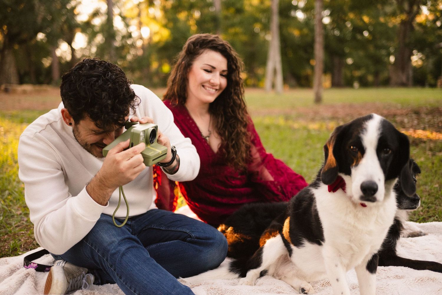 A couple relaxes with their border collie dogs during an outdoor photo session.