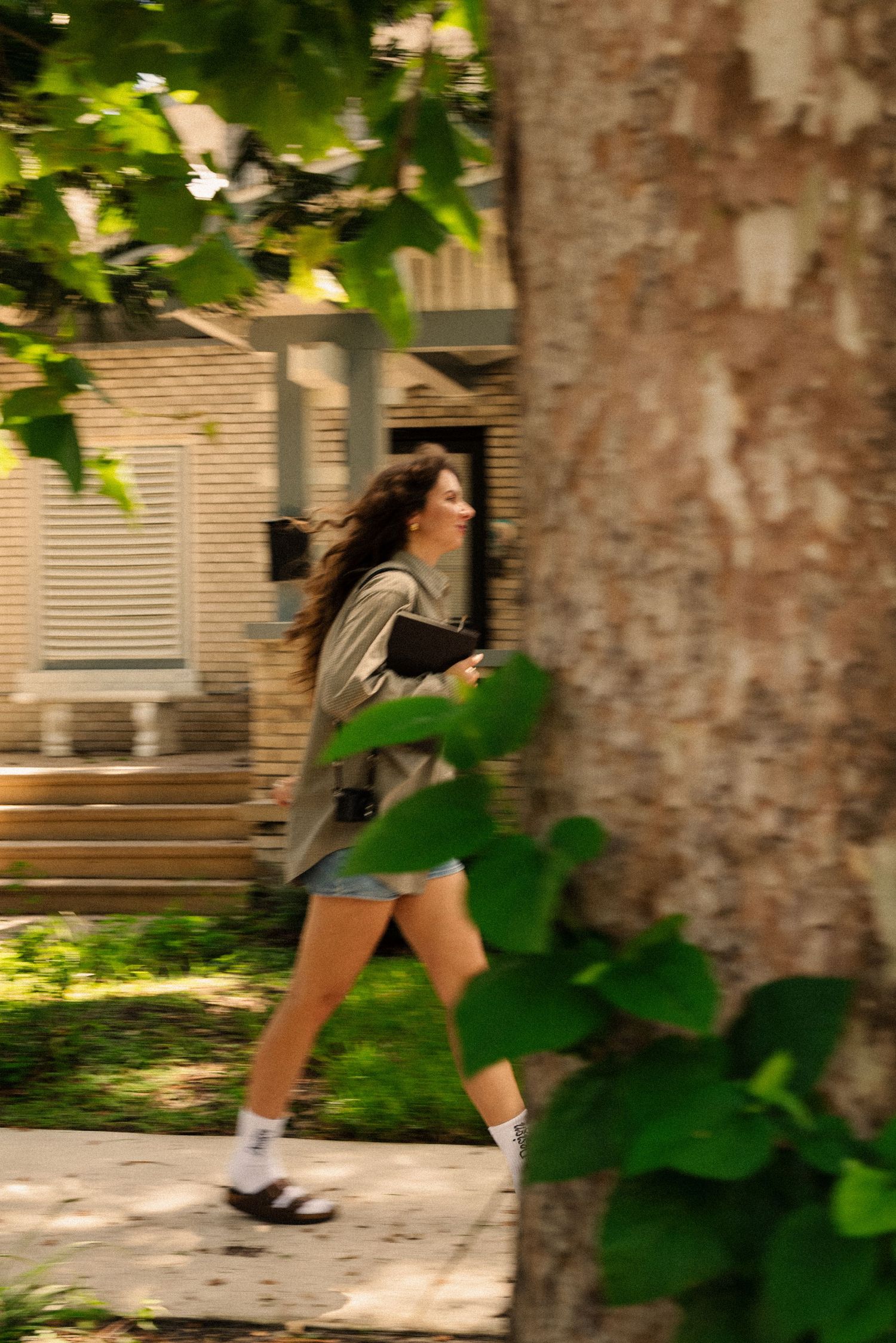 Motion blur capture of someone running past trees on a sunny sidewalk.