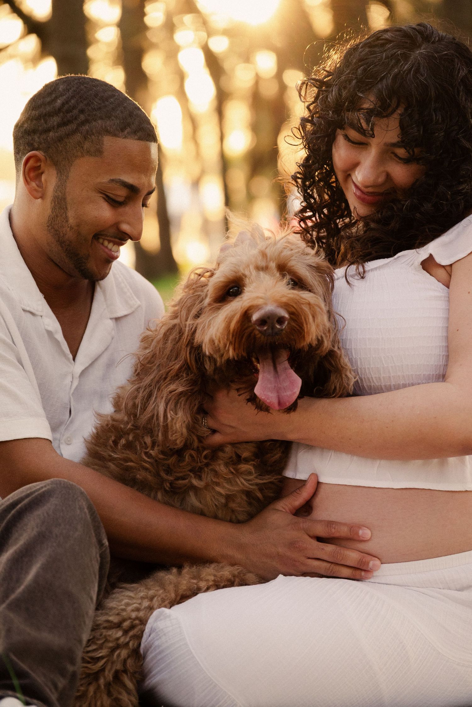 A couple and their brown dog share intimate moments during an outdoor photoshoot at sunset.