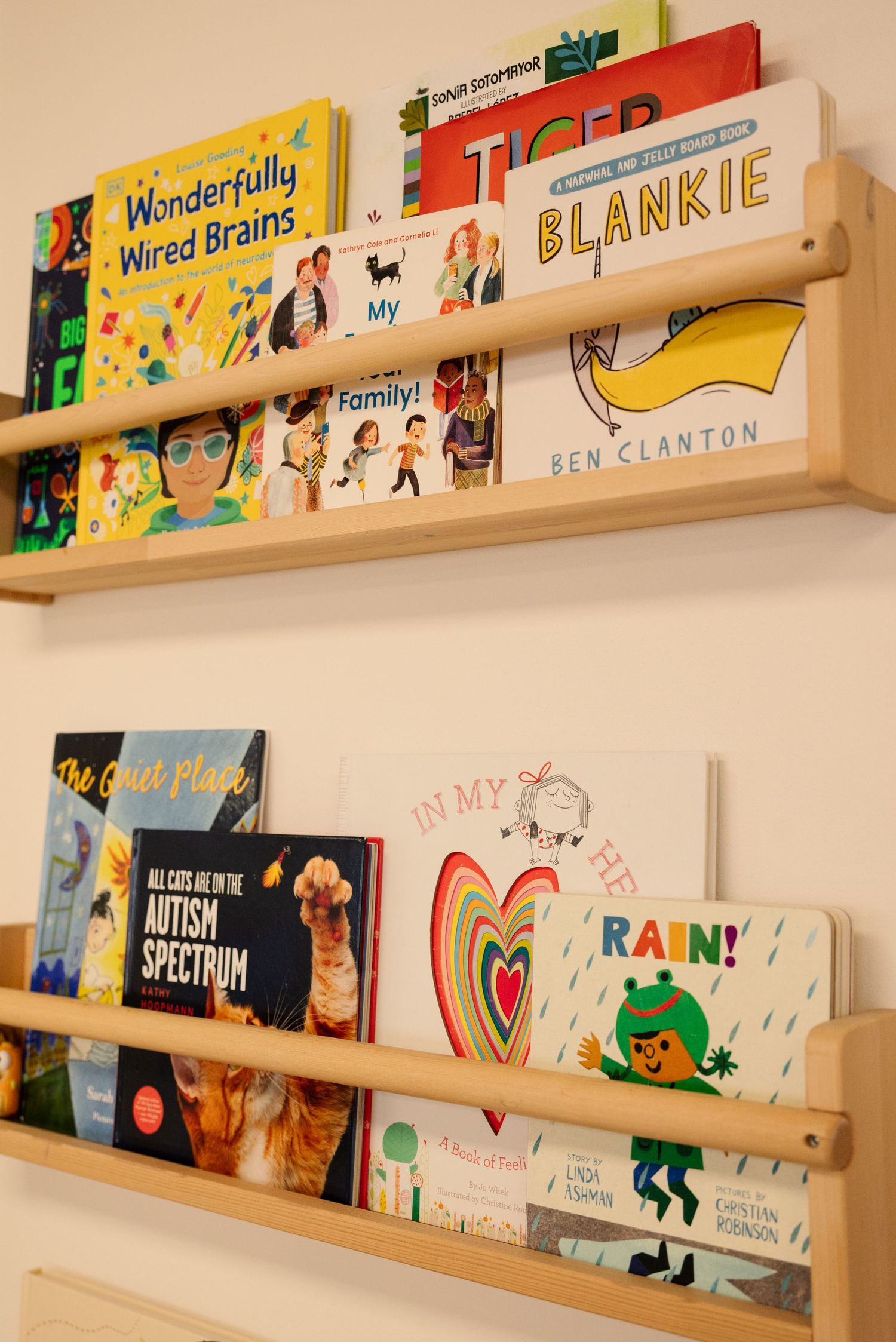 Wall-mounted wooden shelves displaying colorful children's picture books.