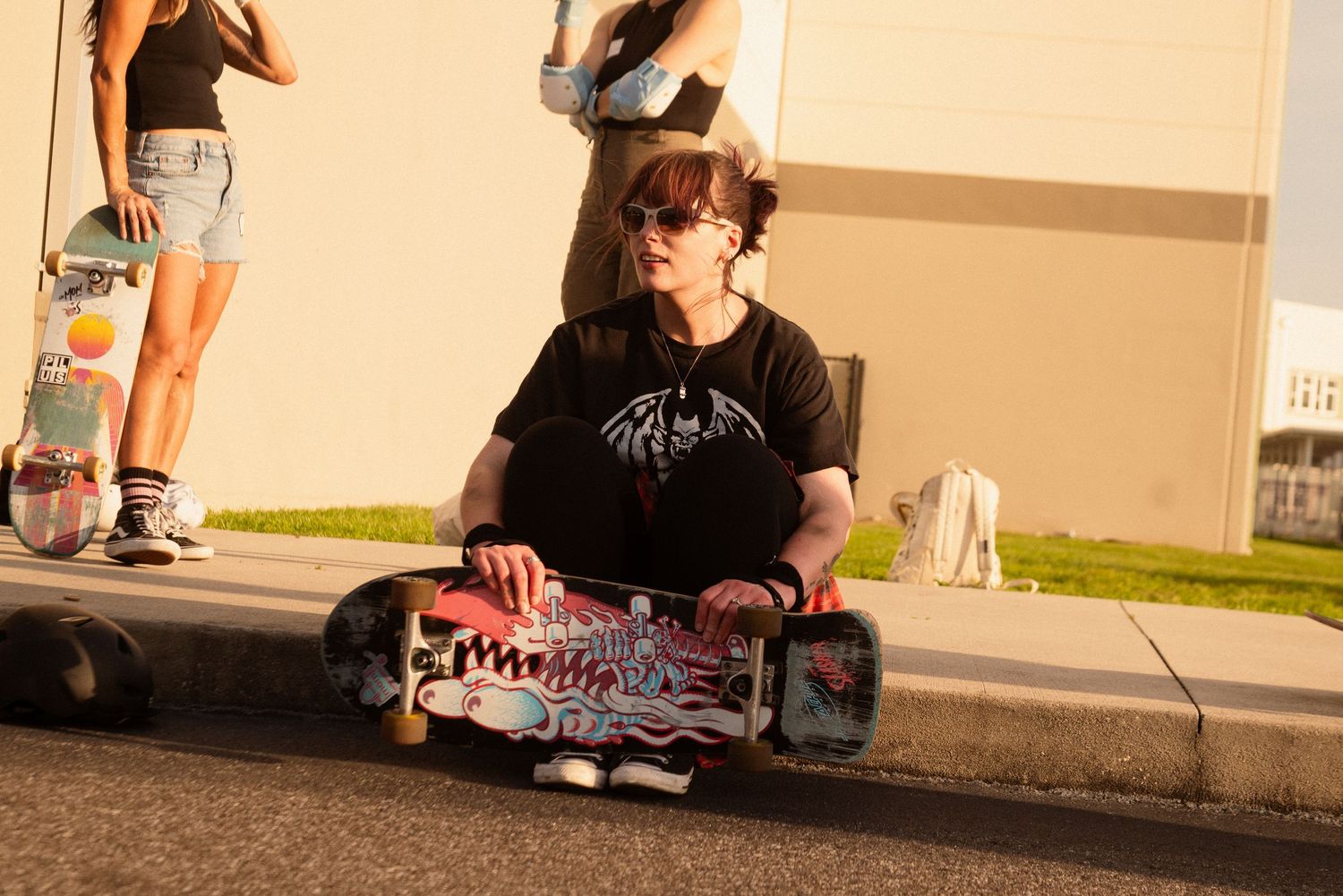 Action shots of skateboarding practice in an urban setting during golden hour.