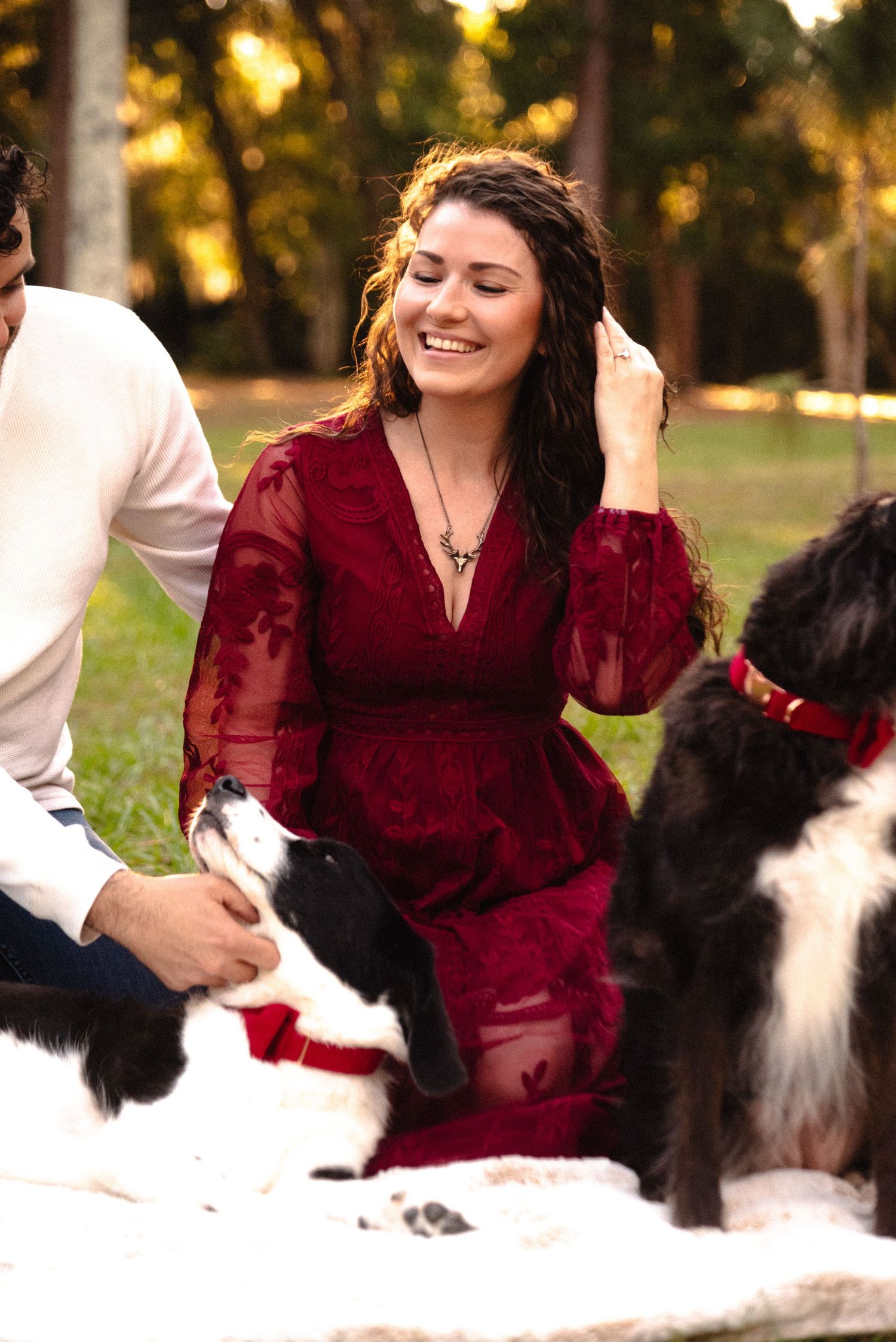 Border collie dog and person in burgundy dress sharing a playful moment in a sunny outdoor setting.