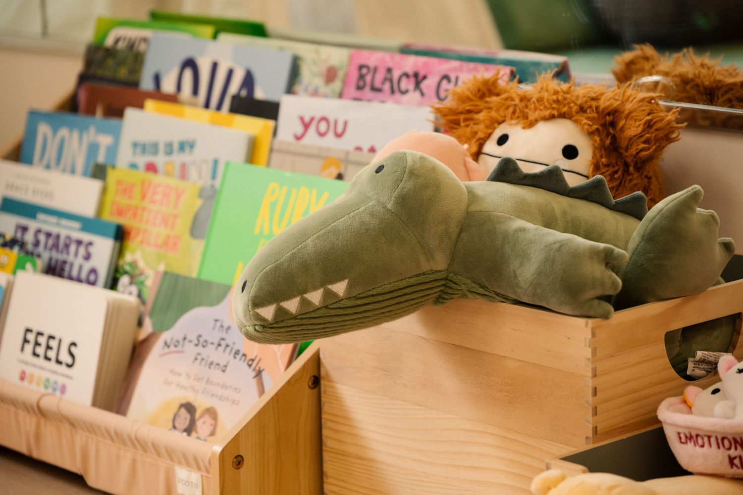 Display of children's books arranged in wooden storage boxes.