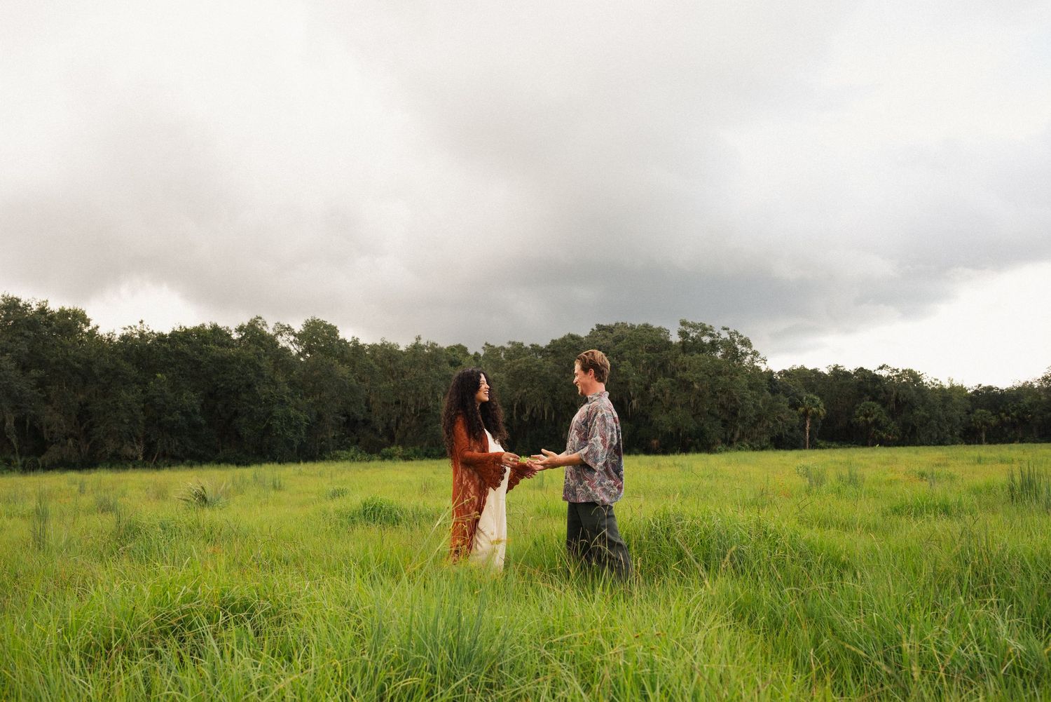 A distant couple walks through a vast green meadow under cloudy skies.