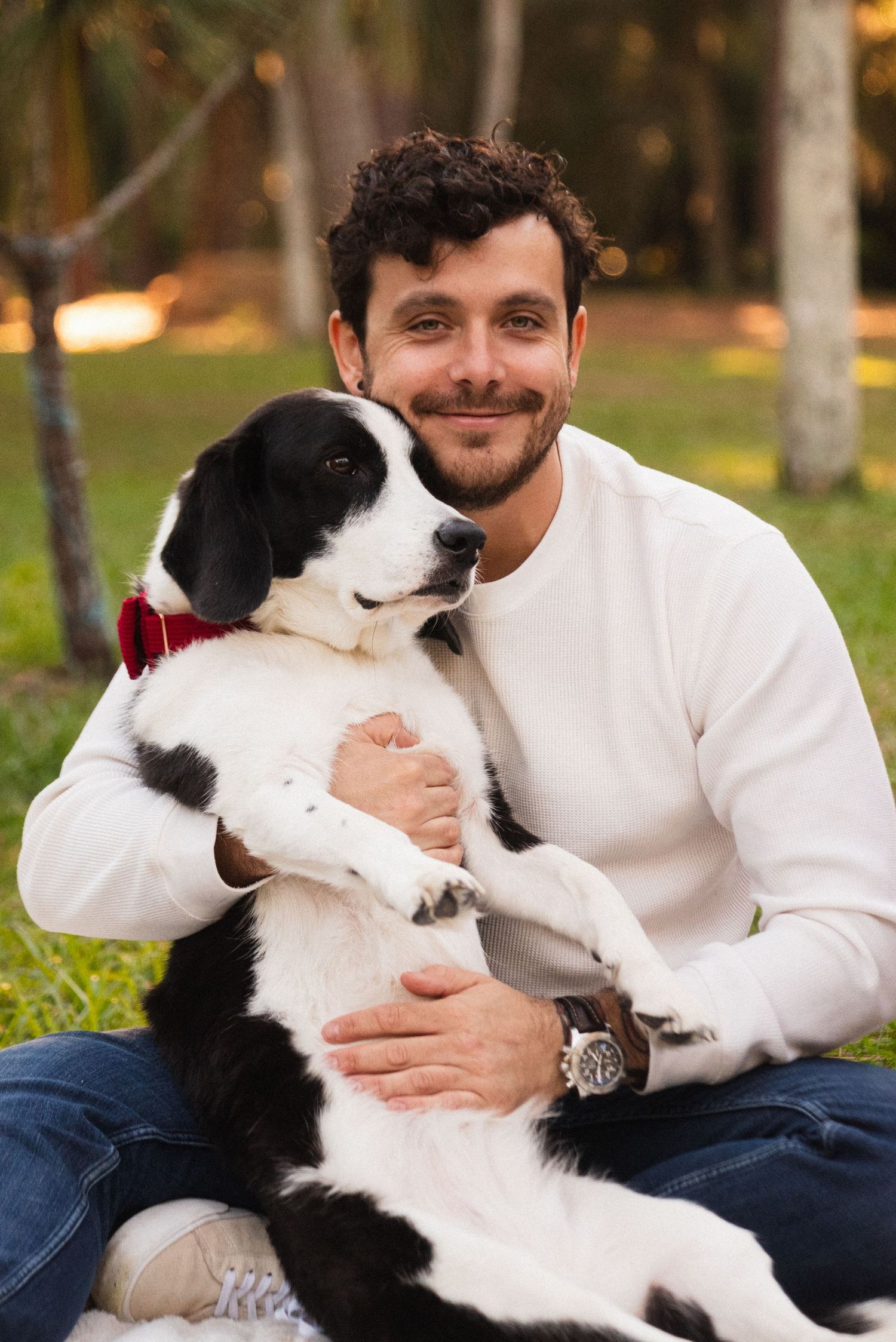 Person in white sweater cuddling with black and white border collie on grass.