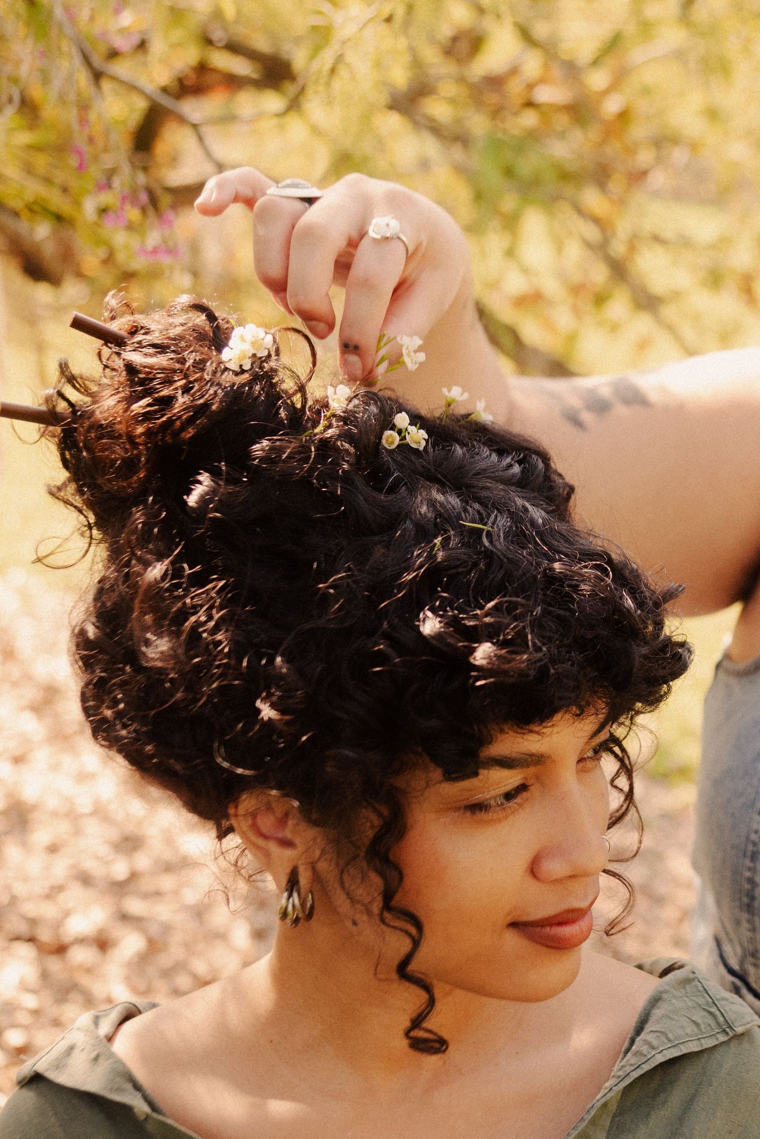 Close-up shots of curly hair with leaves in natural sunlight outdoors.