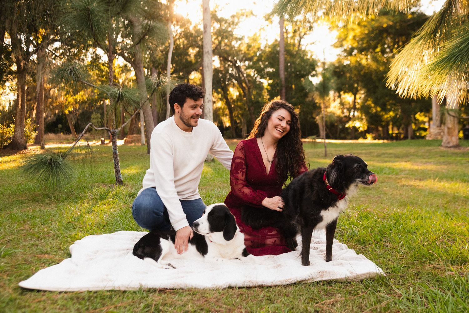 Couple sitting on a blanket in a park during golden hour with their black and white dog.