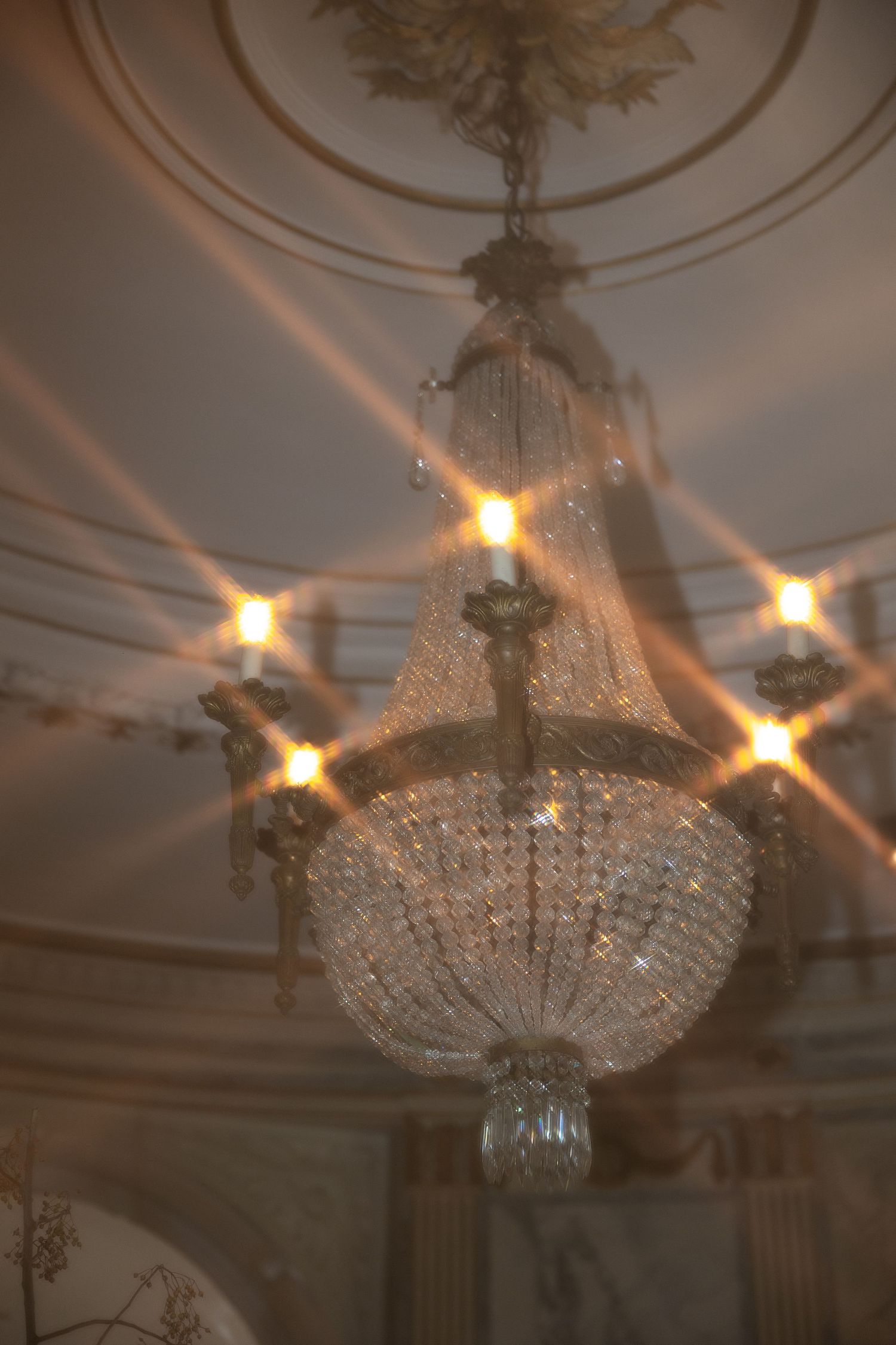 Crystal chandelier with multiple tiers glows warmly against an ornate ceiling with decorative molding.