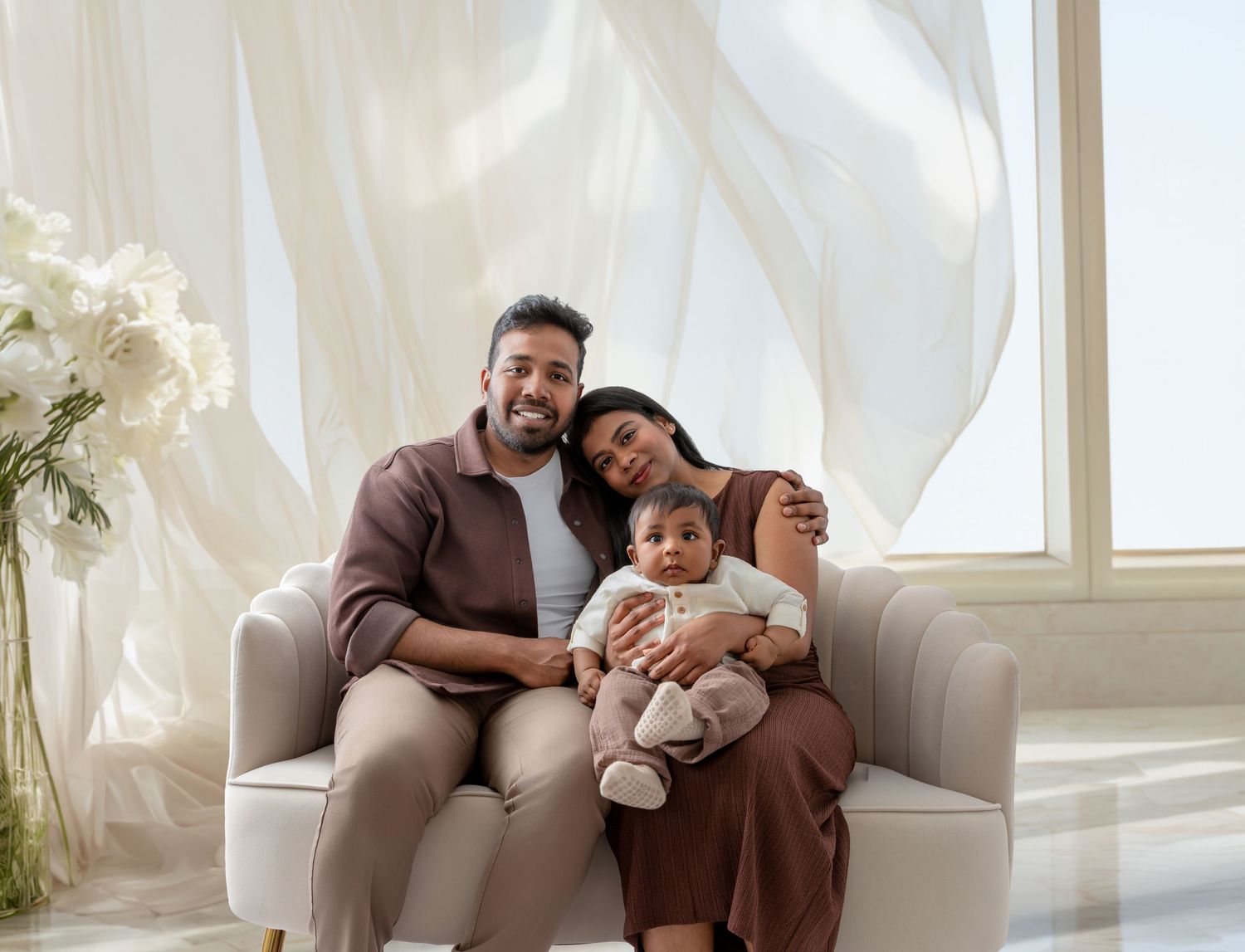 Happy young family with baby sitting together on a white sofa in a bright, airy room with sheer curtains.