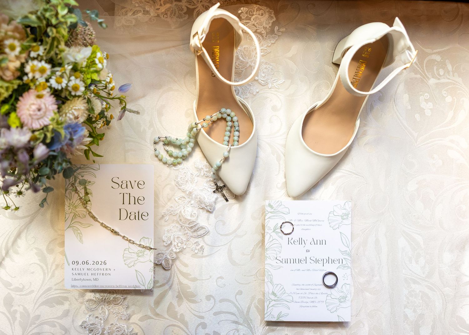 A Catholic bride's sentimental items before her Catholic wedding ceremony.