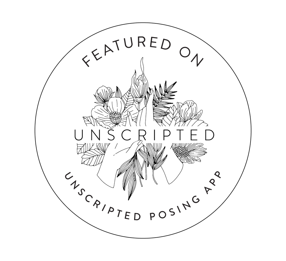Featured on Unscripted Posing App circular badge with floral illustration.