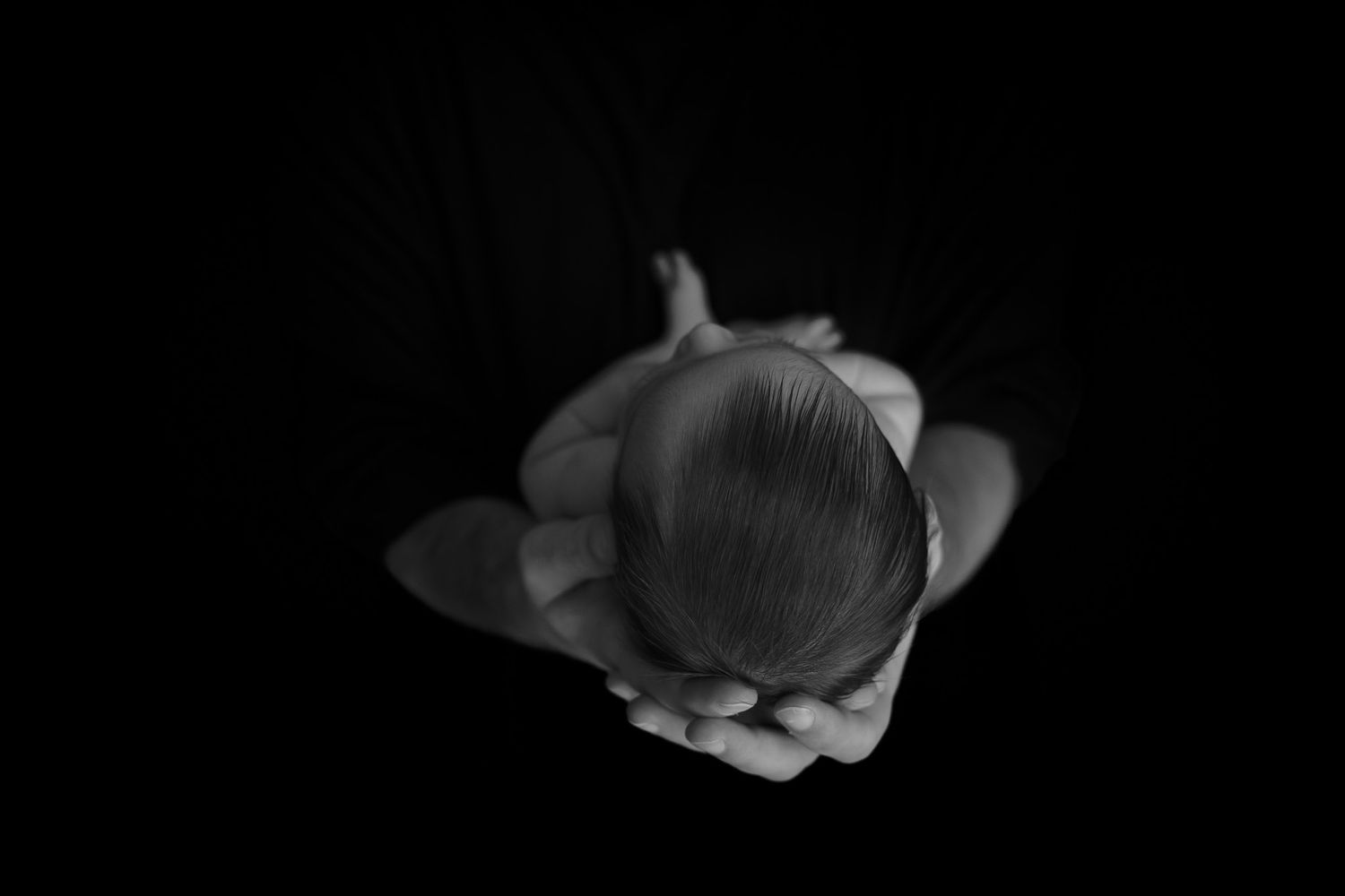 Newborn baby cradled in parent's hands against dark background, black and white photo.