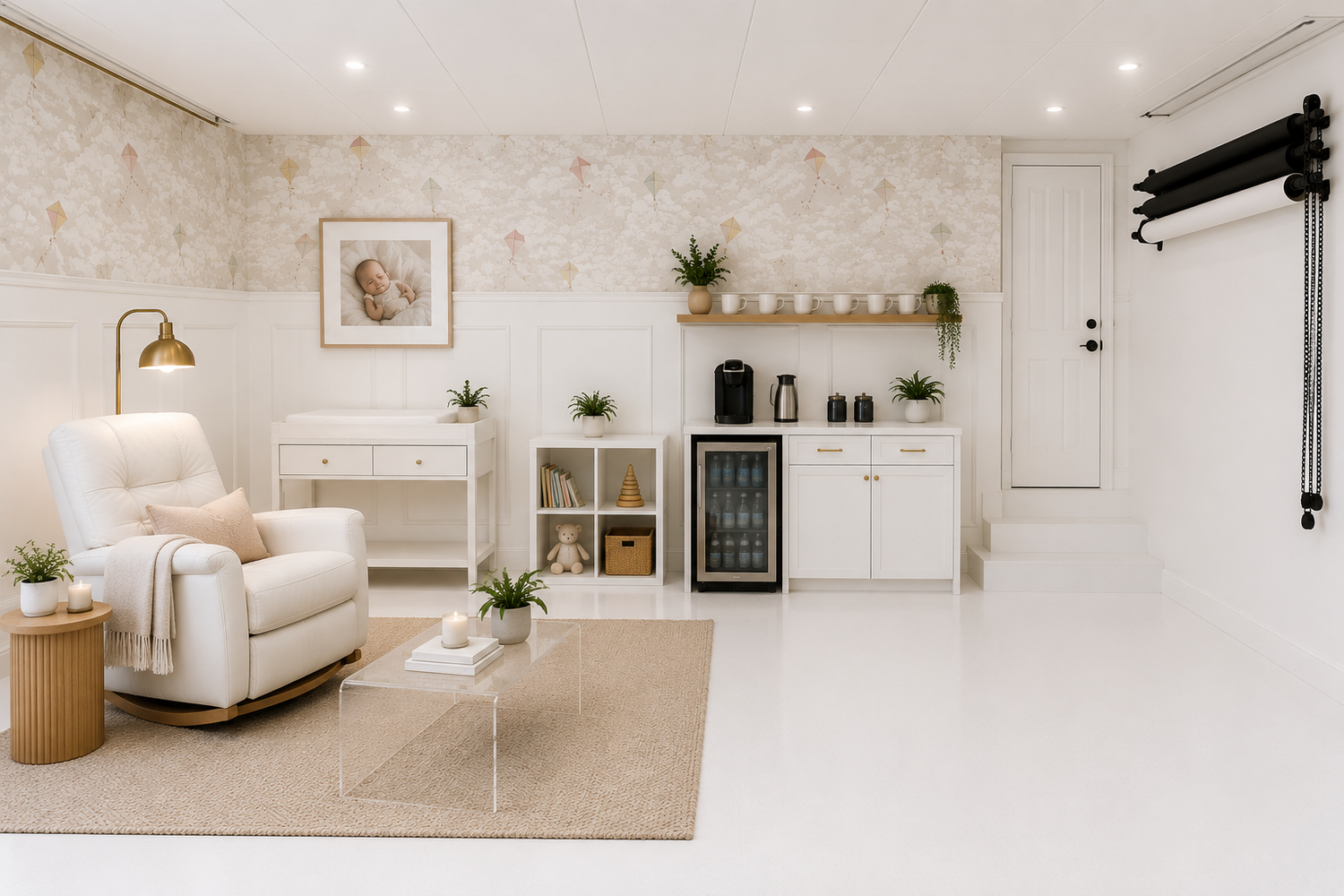 Bright white photography studio with cream armchair, shelving, plants, and professional lighting equipment.