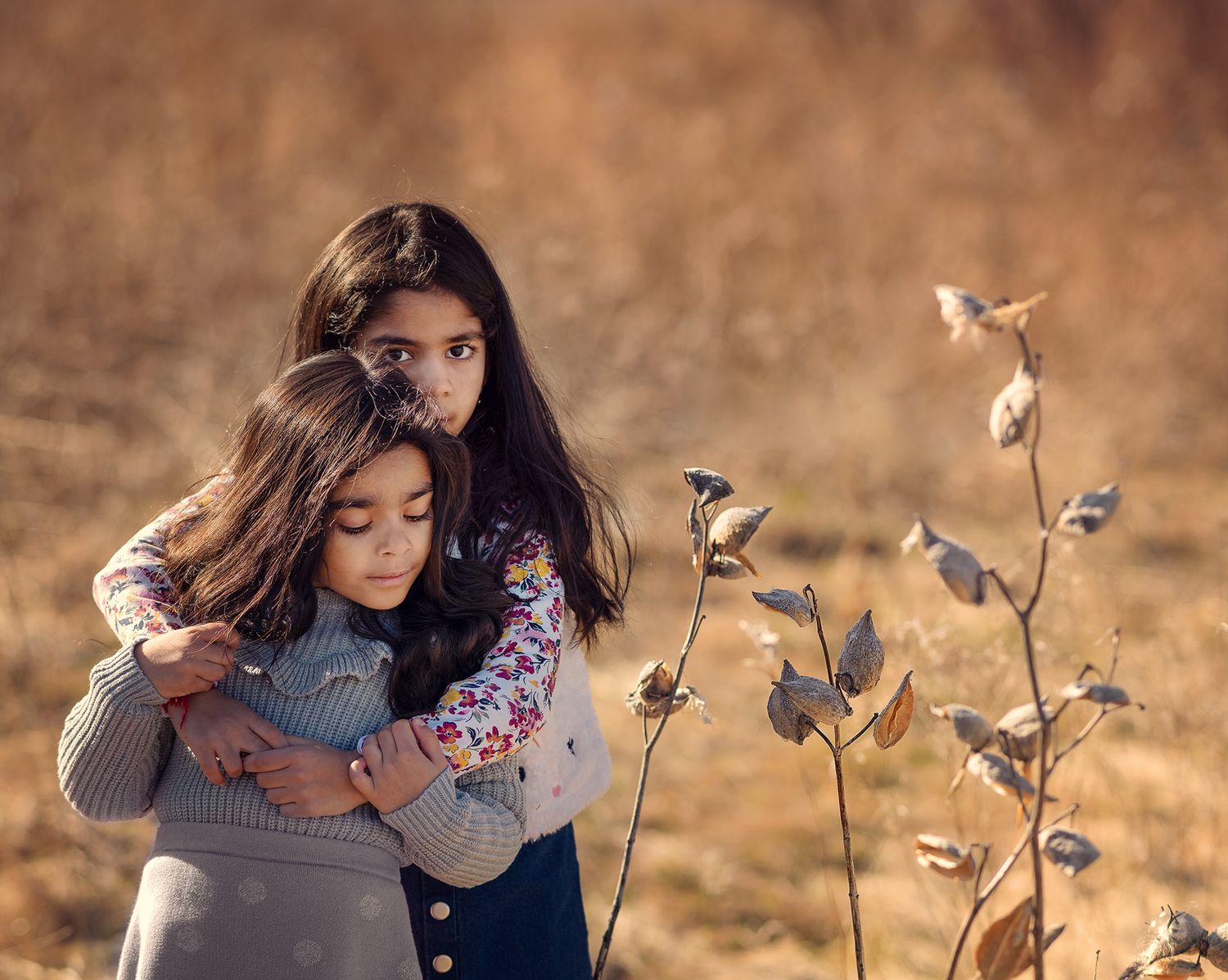 Two sisters sharing a tender hug in a golden autumn field with dried plants nearby.