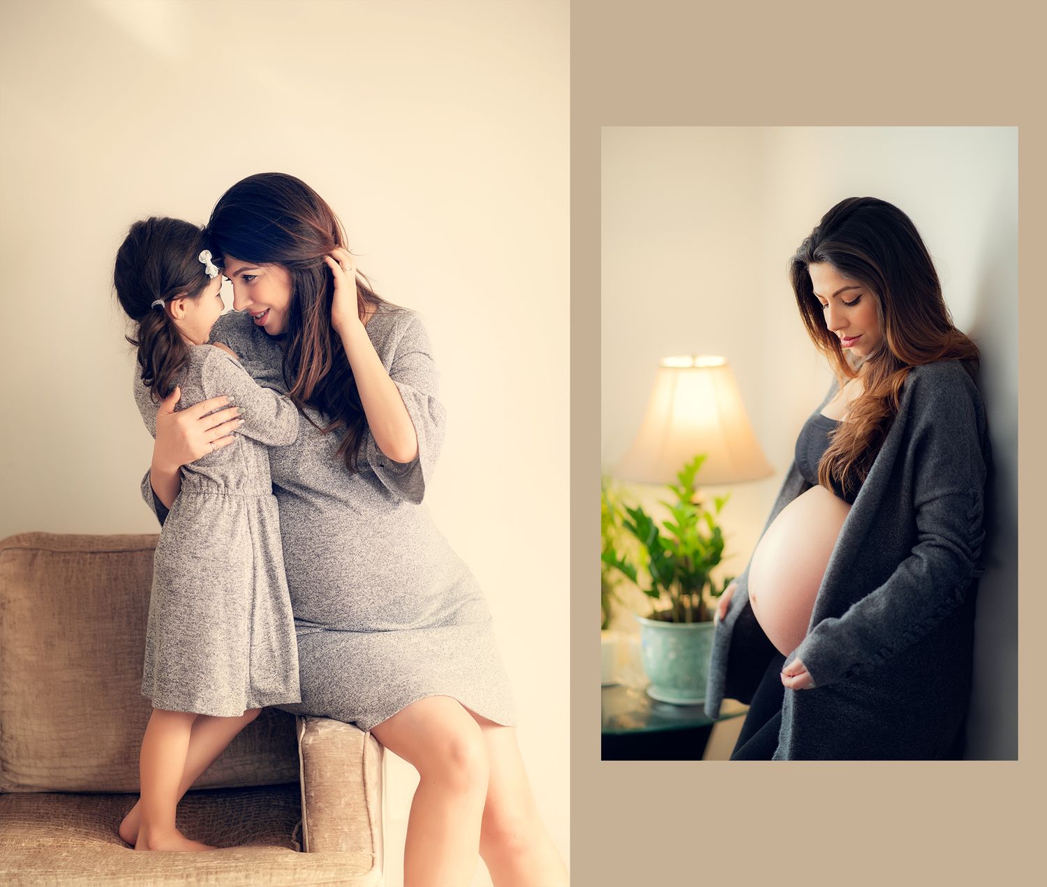 Pregnant woman in gray dress hugging young daughter on couch during tender maternity photo session.