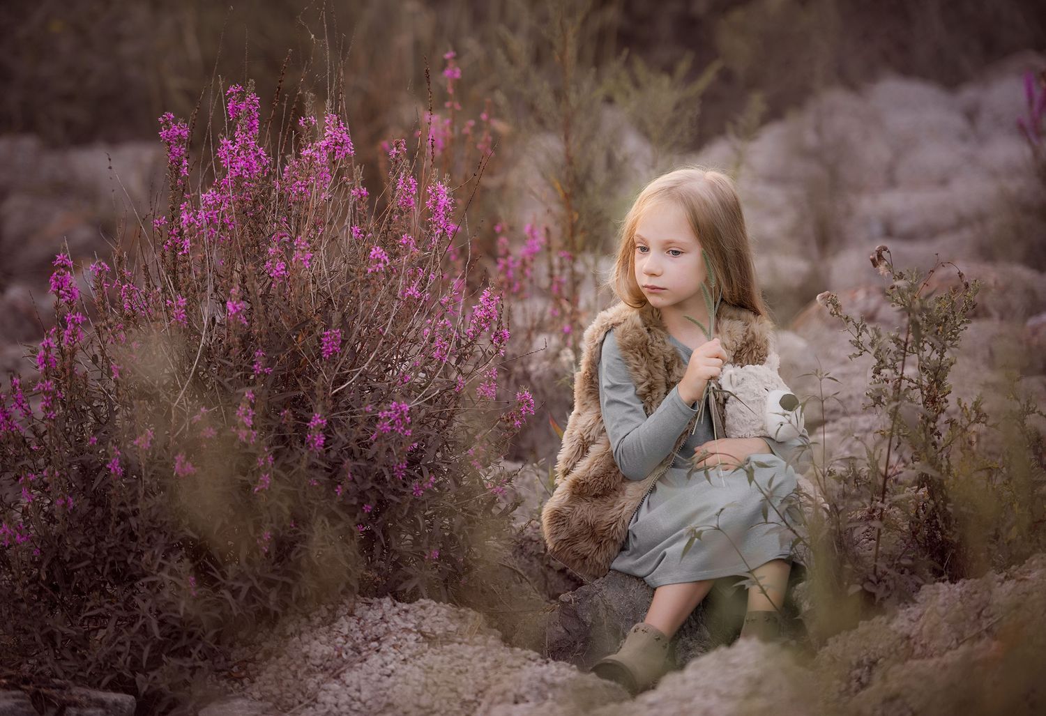 A little girl with long hair sits among purple wildflowers holding a stuffed animal outdoors.
