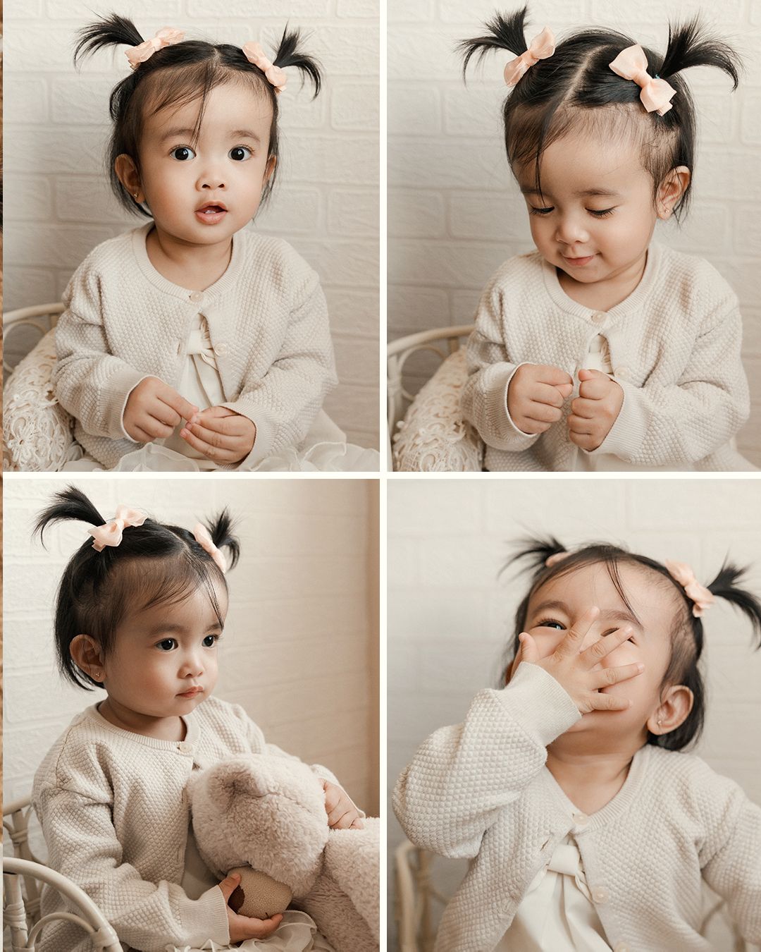 Adorable toddler girl with pigtails and pink bows in a cream outfit, shown in four cute expressions.