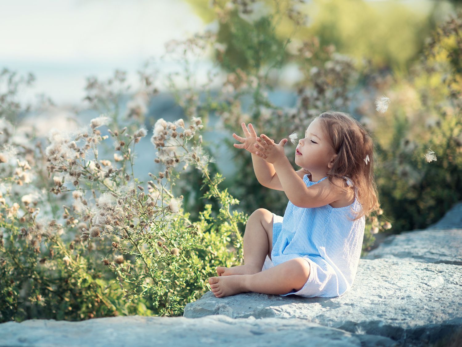 Toddler girl in white dress sitting on rocks reaching toward wildflowers outdoors.