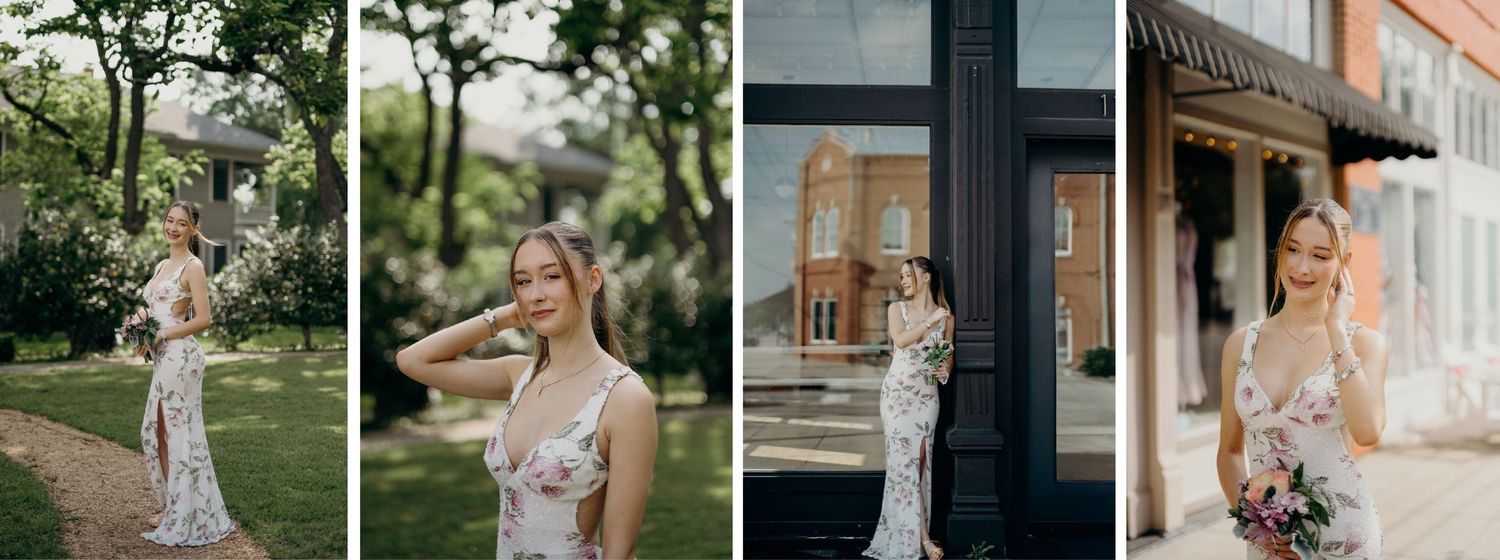 Young woman with straight hair standing outdoors, wearing a floral prom gown.