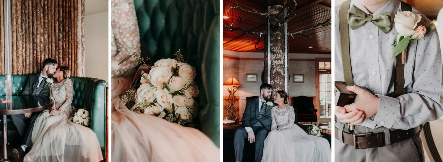 A man and a woman sit in a green booth in a hotel on their wedding day with off white beaded dress and matching florals.