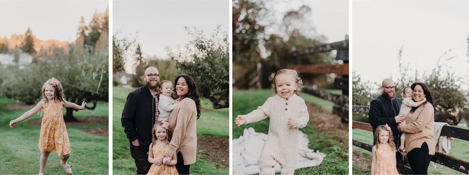 Family of four outdoors on a cloudy day, with trees and grass in the background.