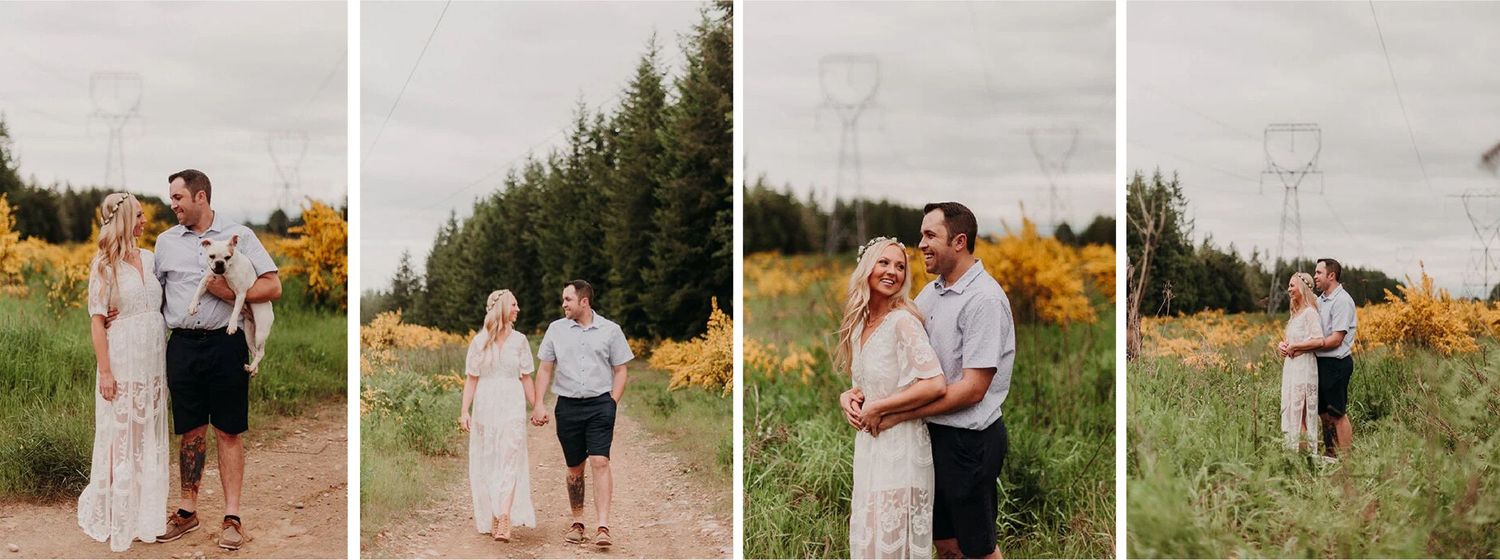 A smiling couple stands outdoors in a field of yellow flowers, with power lines in the background.
