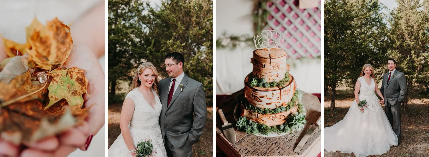 A man and woman on their wedding day in the fall with a cake that looks like tree logs stacked on top of each other.